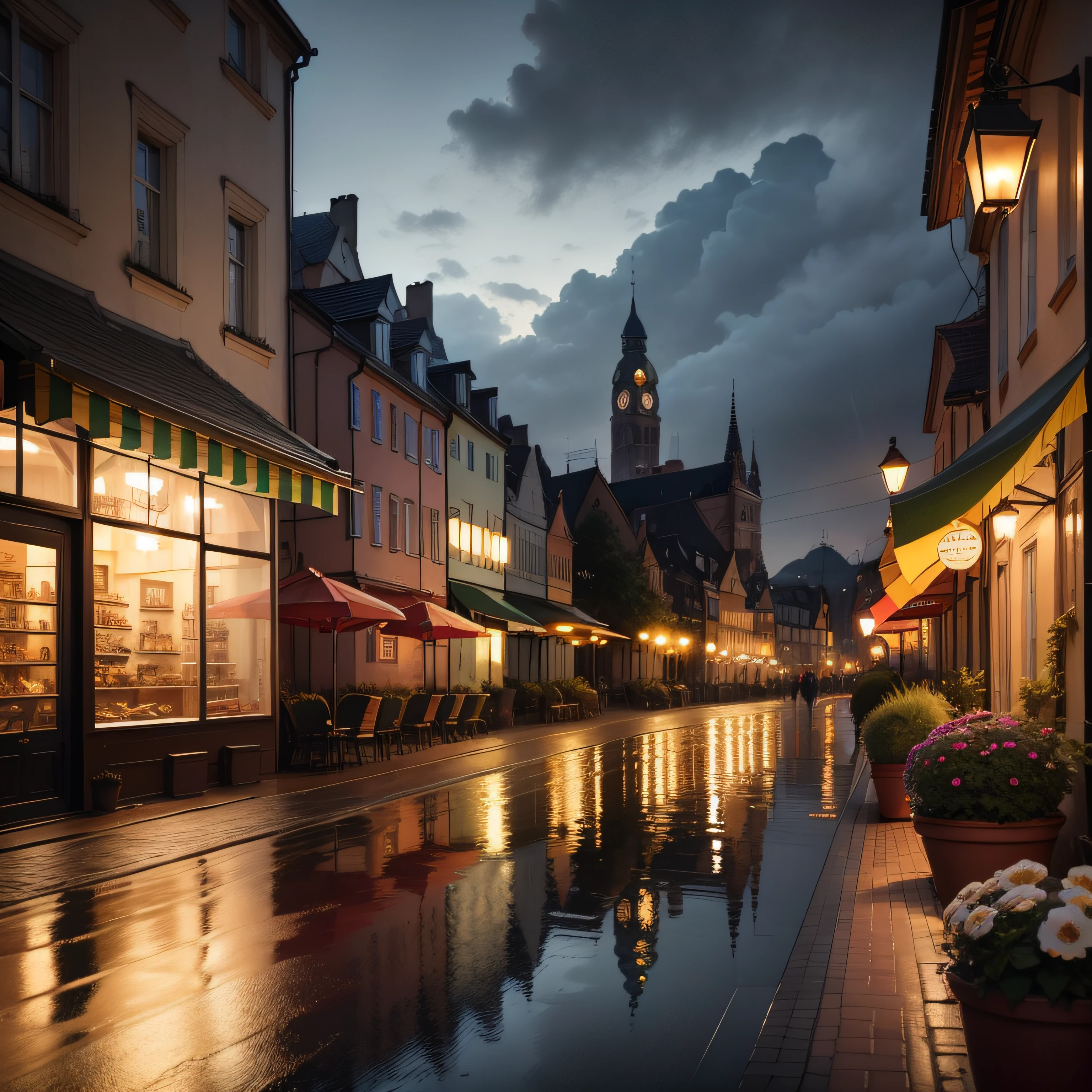 watercolor image, a one-color cup of coffee and a cake close-up on a table in an open-air park cafe, night, the city of Koenigsberg in Prussia, in the background beautiful facades with shop windows are visible in the distance, a variety of flowering plants in outdoor flowerpots, forged lanterns, park paths from paving stones, plinths, summer rain, reflection in the water, the atmosphere of a prosperous European modern city with the architecture of the Middle Ages and 18-19 centuries, night