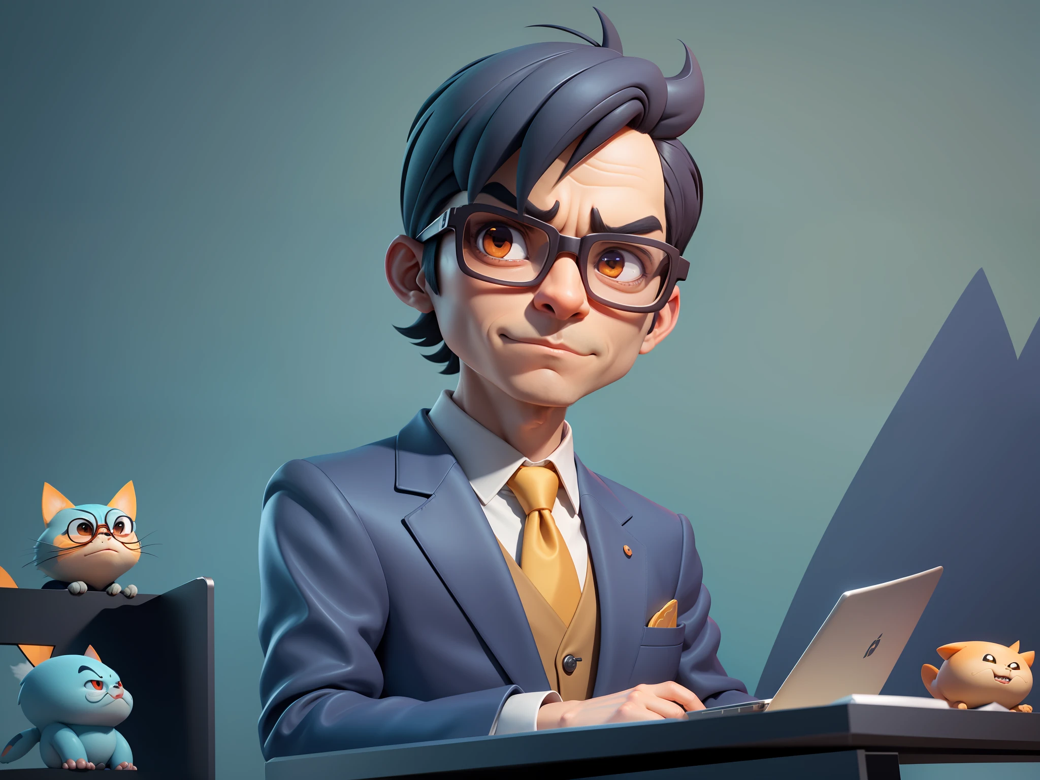 A young man in a suit, Short hair and glasses sat at his desk,holding laptop,digitial painting,tigre,3D character design by Mark Clairen and Pixar and Hayao Miyazaki and Akira Toriyama,4K HD illustration,Very detailed facial features and cartoon-style visuals。