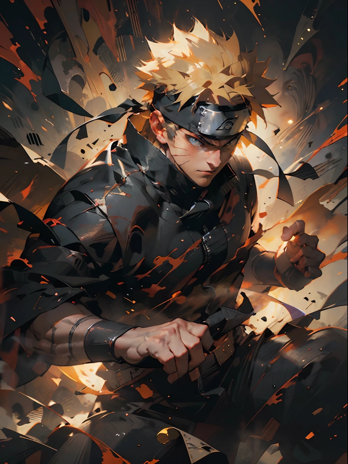 Year's on_oiled_Painting, Naruto Uzumaki，Epic battles，wrath
Cinematic lighting,Strong contrast,High level of detail,Best quality,巨作,White background,,