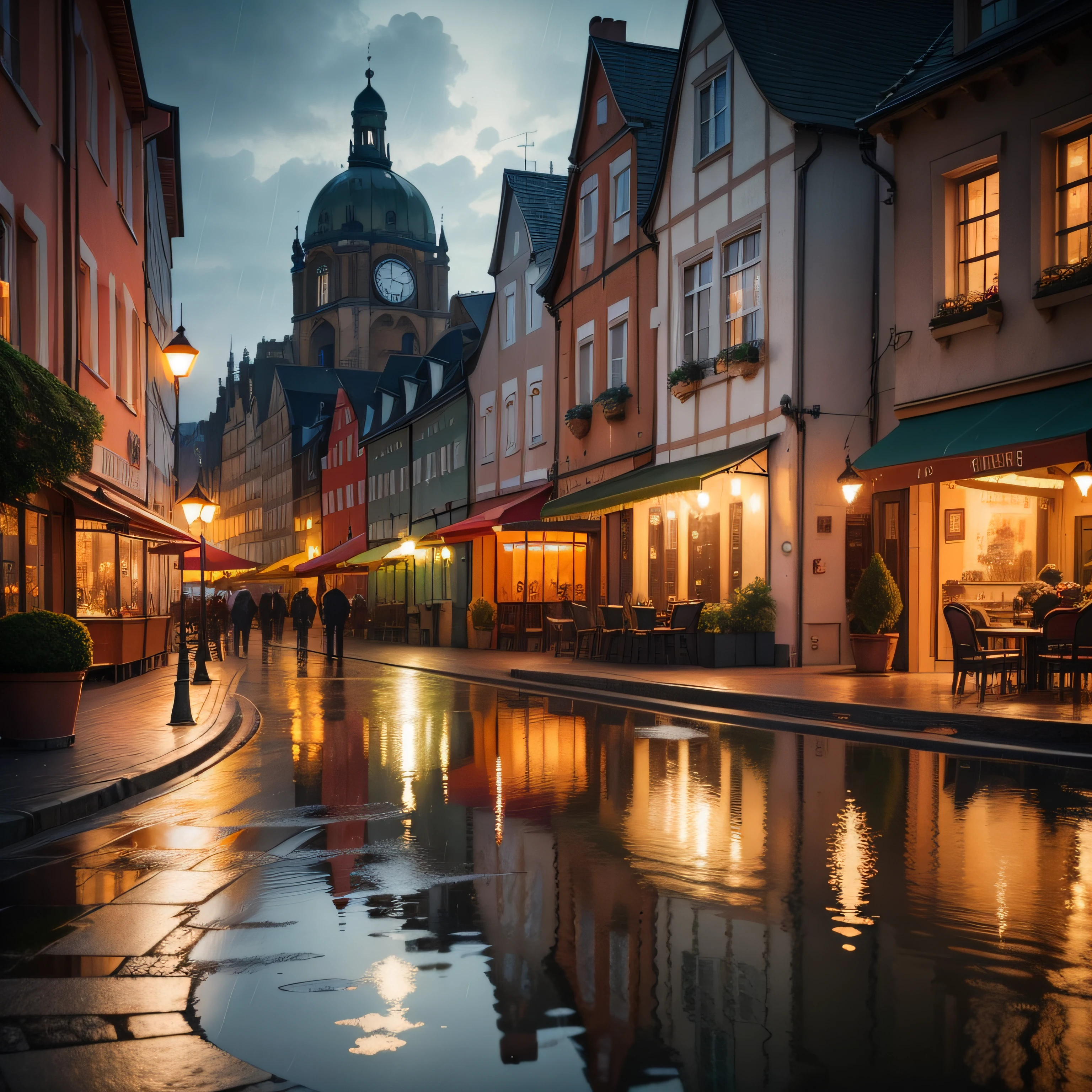 watercolor image, a one-color cup of coffee and a cake close-up on a table in an open-air park cafe, night, the city of Koenigsberg in Prussia, in the background beautiful facades with shop windows are visible in the distance, a variety of flowering plants in outdoor flowerpots, forged lanterns, park paths from paving stones, plinths, summer rain, reflection in the water, the atmosphere of a prosperous European modern city with the architecture of the Middle Ages and 18-19 centuries, night