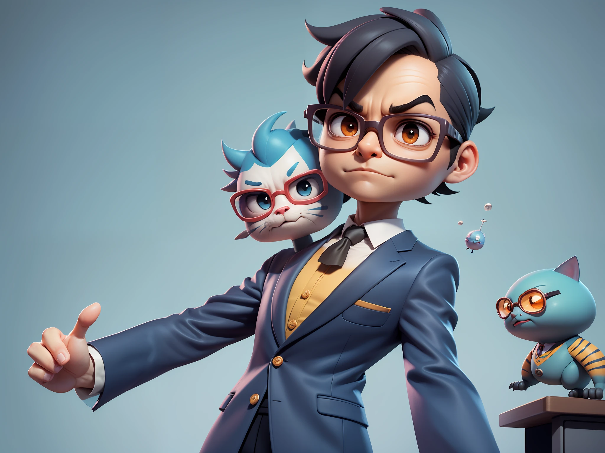 A young man in a suit, Short hair and glasses sat at his desk,holding laptop,digitial painting,tigre,3D character design by Mark Clairen and Pixar and Hayao Miyazaki and Akira Toriyama,4K HD illustration,Very detailed facial features and cartoon-style visuals。