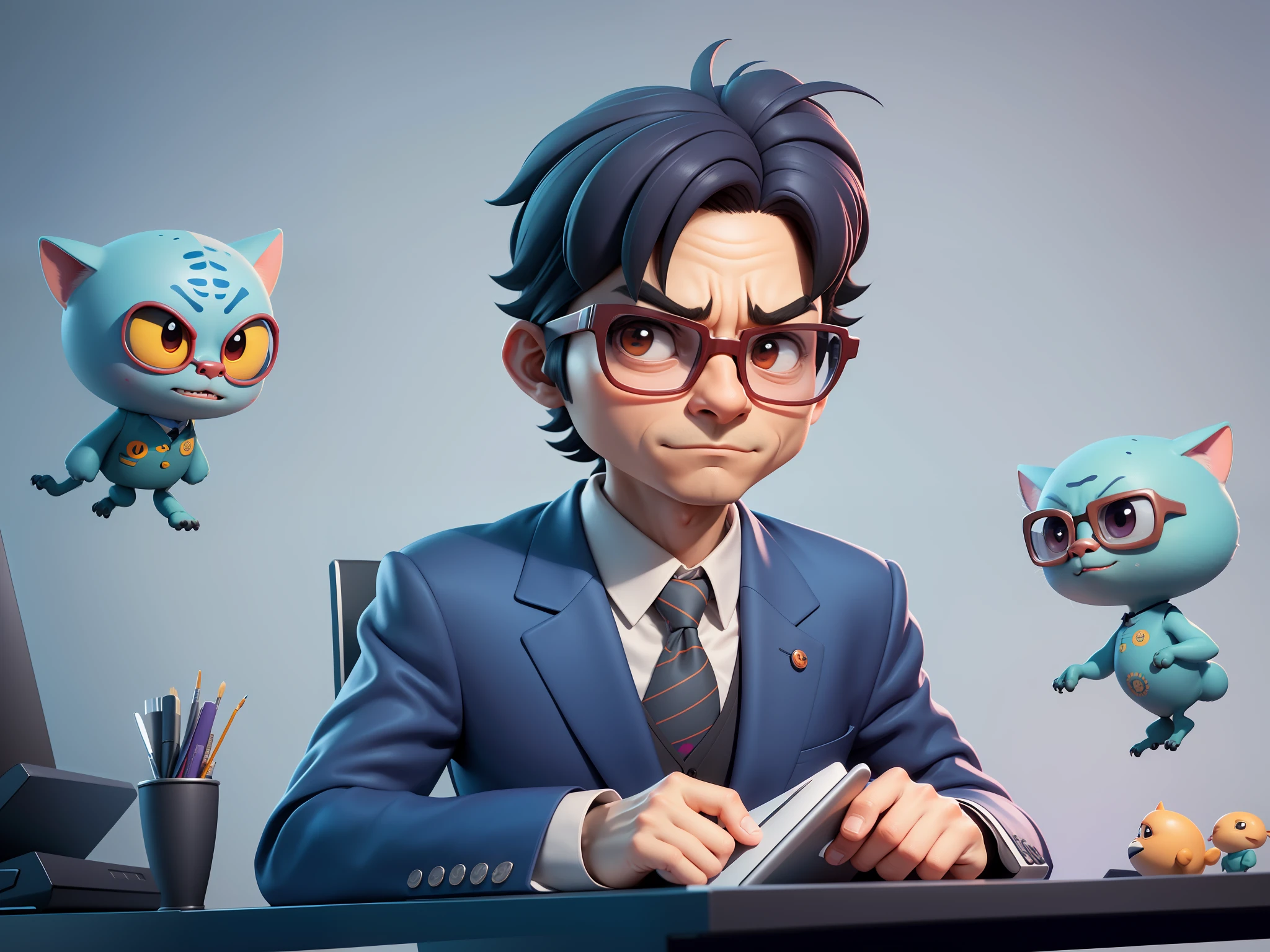 A young man in a suit, Short hair and glasses sat at his desk，holding laptop，digitial painting，tigre，3D character design by Mark Clairen and Pixar and Hayao Miyazaki and Akira Toriyama，4K HD illustration，Very detailed facial features and cartoon-style visuals。