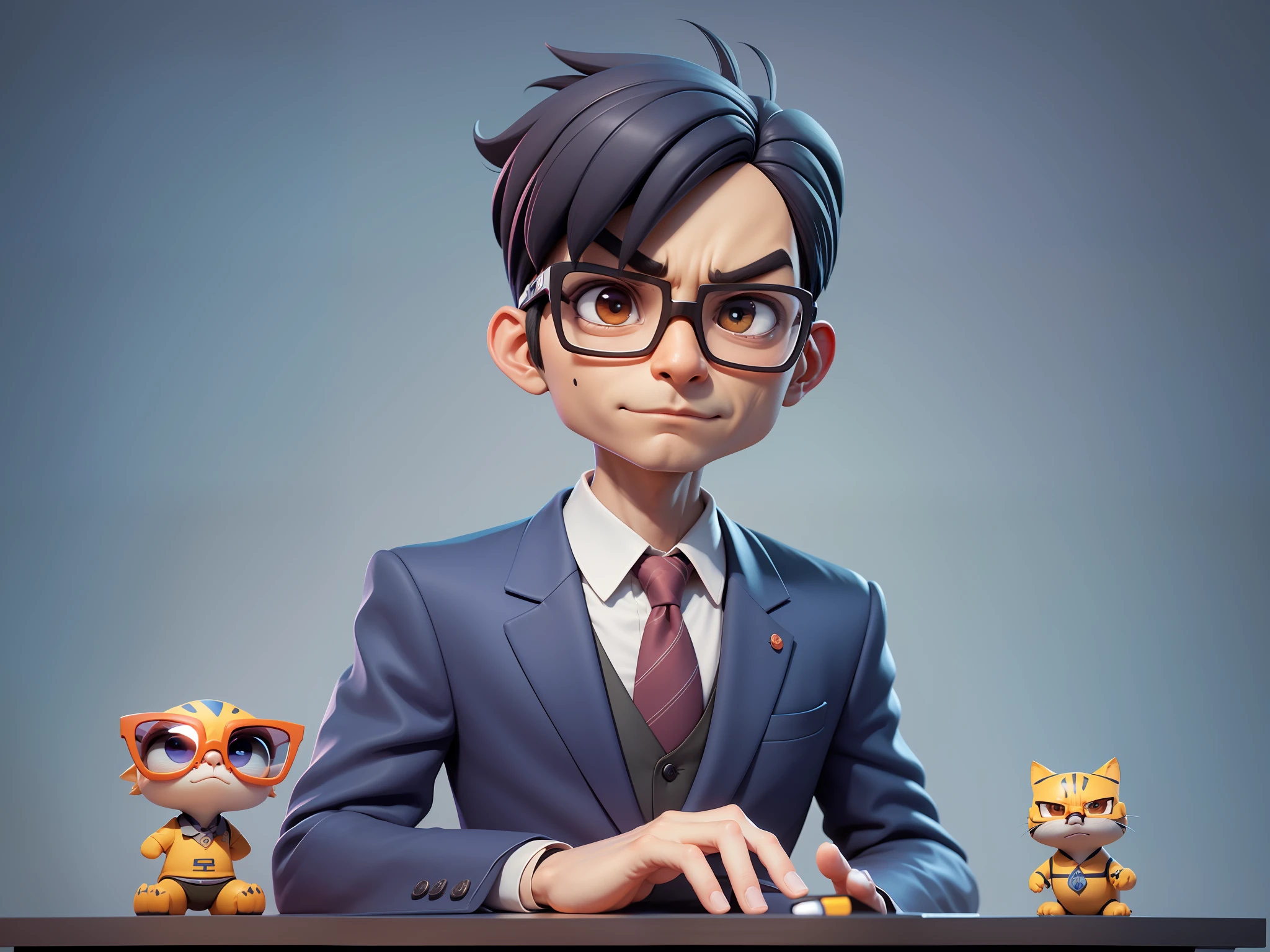 A young man in a suit, Short hair and glasses sat at his desk,holding laptop,digitial painting,tigre,3D character design by Mark Clairen and Pixar and Hayao Miyazaki and Akira Toriyama,4K HD illustration,Very detailed facial features and cartoon-style visuals。