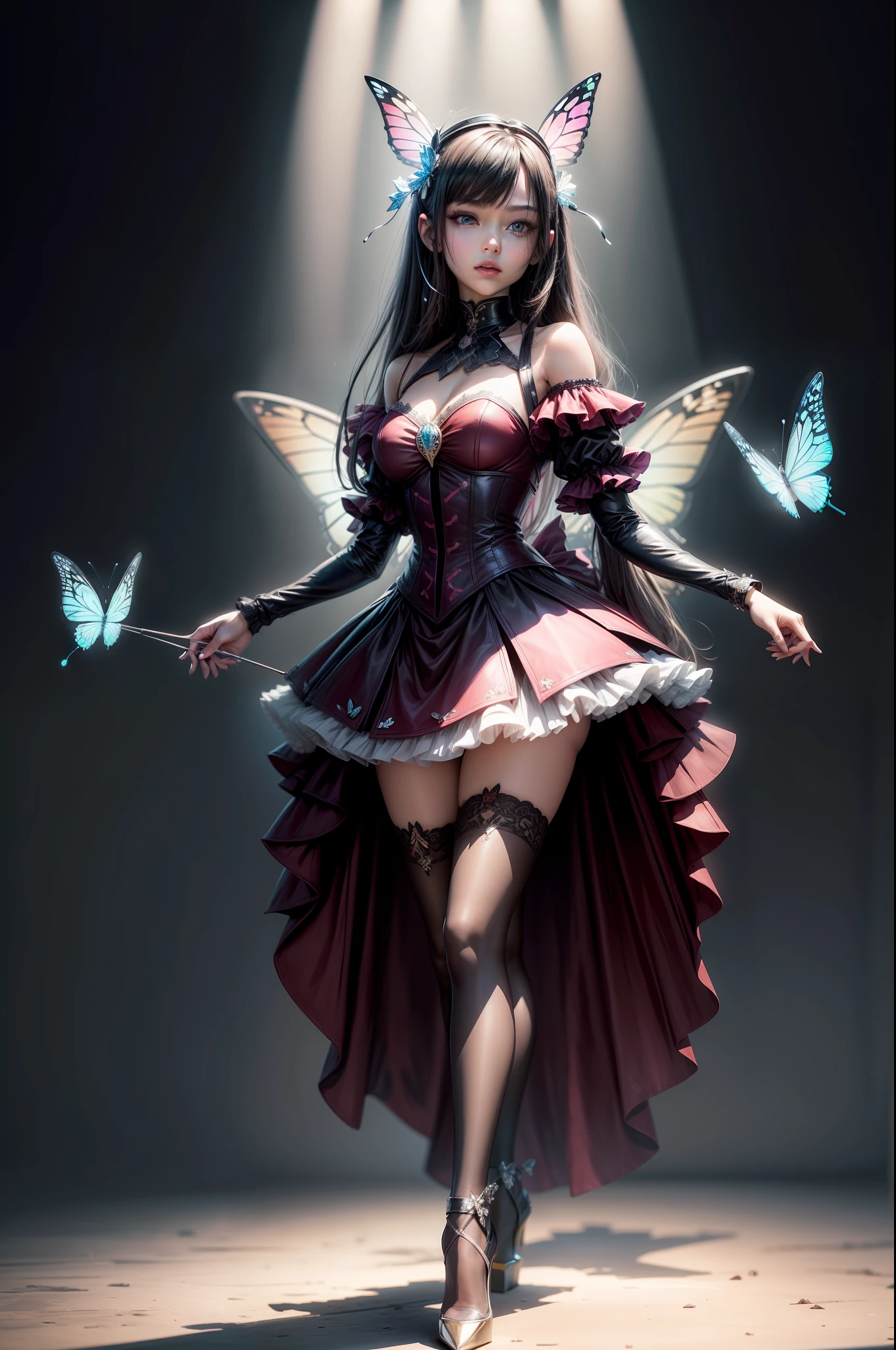 Splitting characters is prohibited,(Full body shot:1.3), Must show your face, anatomy correct, high-heels,Over-the-knee socks are mandatory, Colorful butterfly fairy, A shallow laugh, Complex and diverse backgrounds,Strangling effect,hyper HD, Ray traching, structurally correct, Award-Awarded, high detal, lightand shade contrast, Face lighting,cinmatic lighting, tmasterpiece, super detailing, high high quality, high detal, best qualityer, 16k