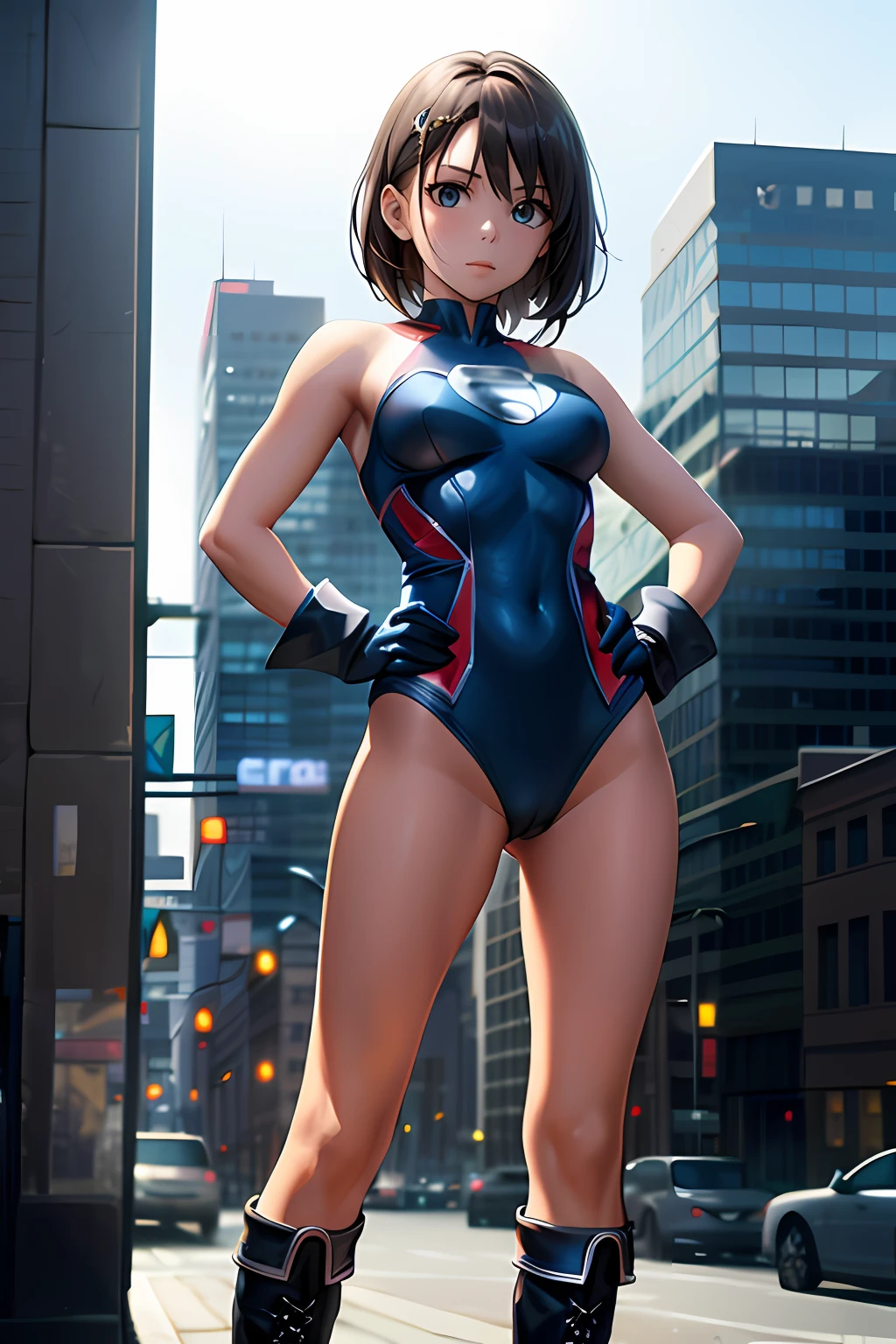 1girl, superhero, heroic, leotard, bare legs, knee boots, gloves, city backdrop, standing, hands on hip, full body
