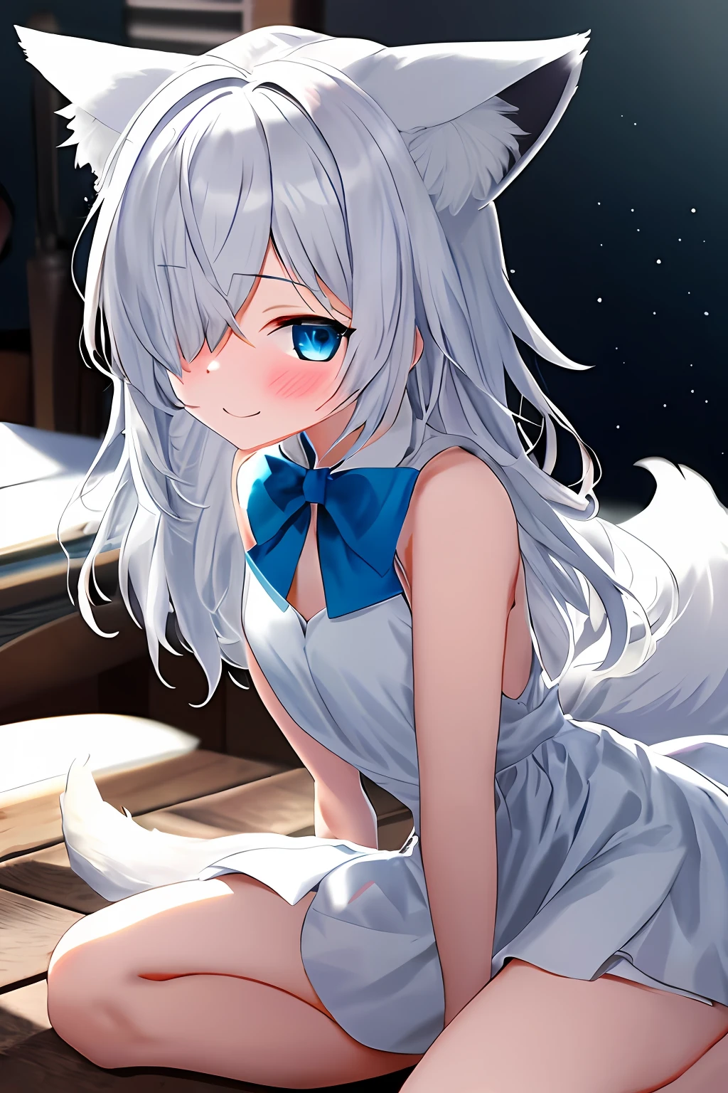 1 adult girl， fox ear， eBlue eyes， White hair， Hair is more than one eye， From the side Side， POV， Sat down， sheets， optic， blush of nose， Light smile， white dresses， blue bow， glittery，