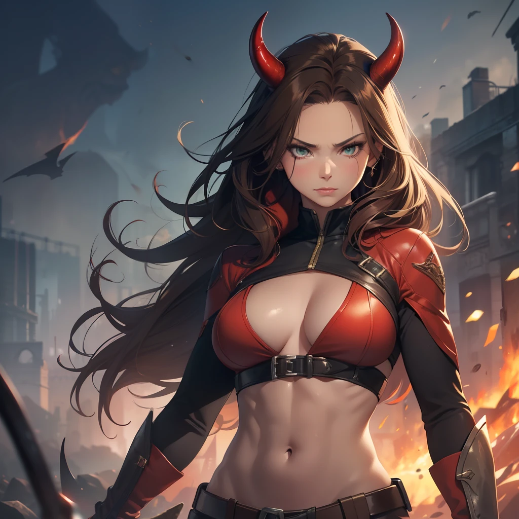 (highres, best quality, masterpiece) realistic drawing, adult female, (solo, women), mother like, standing, looking fierce, looking confident, serious expression, (detailed, highly detailed), ((with red skin)), soft lighting 4k, dramatic lighting 4k, long brown hair, curly hair, green eyes, (detailed eyes), ((demon red skin)), fully body hunter outfit, ((gloves: black, boots: brown, pants: brown)), abs, (athletic_build, fit body), devil horns, devil tail, red skin, tan stomach, smooth skin, on a battlefield, magic hands, casting magic