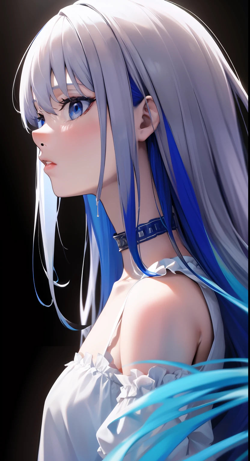 8k wallpaper, masterpiece,Cinematic Lighting, best quality,Illustration,dramatic angle, ((colorful:1.1)), ((colored inner hair:1.4)), 1girl, solo, long hair, water, blue eyes, choker, parted lips, white choker, liquid hair, white hair, bangs, from side, profile, upper body, blue hair, simple background, grey background, bare shoulders, portrait, looking at viewer, white dress, hair between eyes, multicolored hair, white background