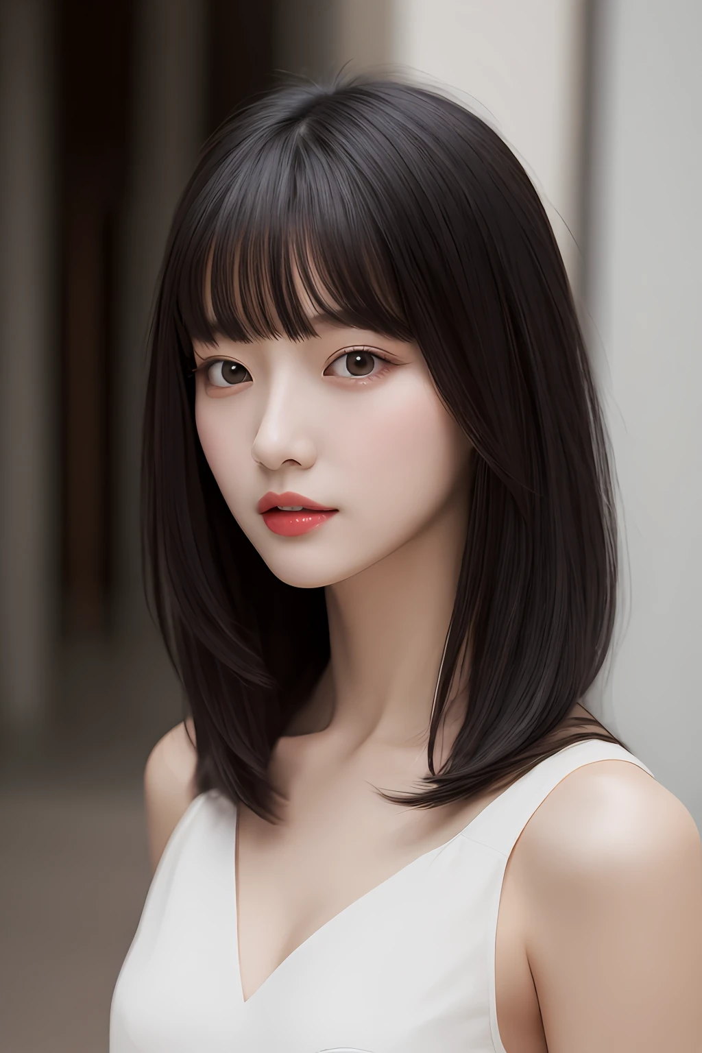 best quality, ultra-detailed, masterpiece, finely detail, highres, 8k wallpaper, Realistic details, clothing details, skin details, photoshop \(medium\),Slim body,1girl, 22 years old, beautiful eyes, real skin, fine face, bangs, long hair, black hair,  blunt bangs, medium breasts, alley, (ulzzang-6500-v1.1:0.5), pencil_dress,