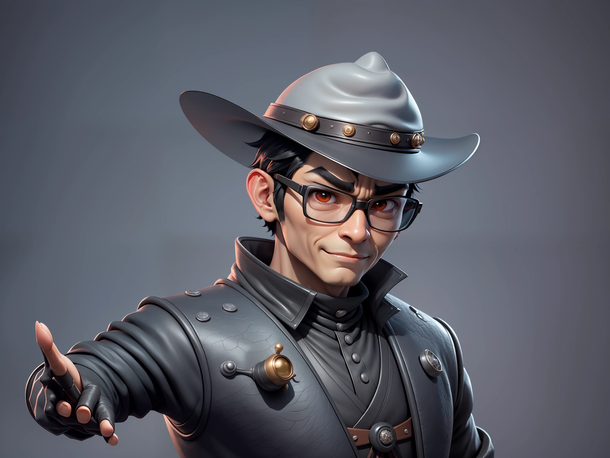 Young man with oriental face in leather hat, dragon, formal suit, short black hair, silver glasses, digital painting, 3D character design by Mark Clairedon and Pixar and Hayao Miyazaki and Akira Toriyama, the illustration is a high-definition illustration in 4K resolution with very detailed facial features and cartoon-style visuals.