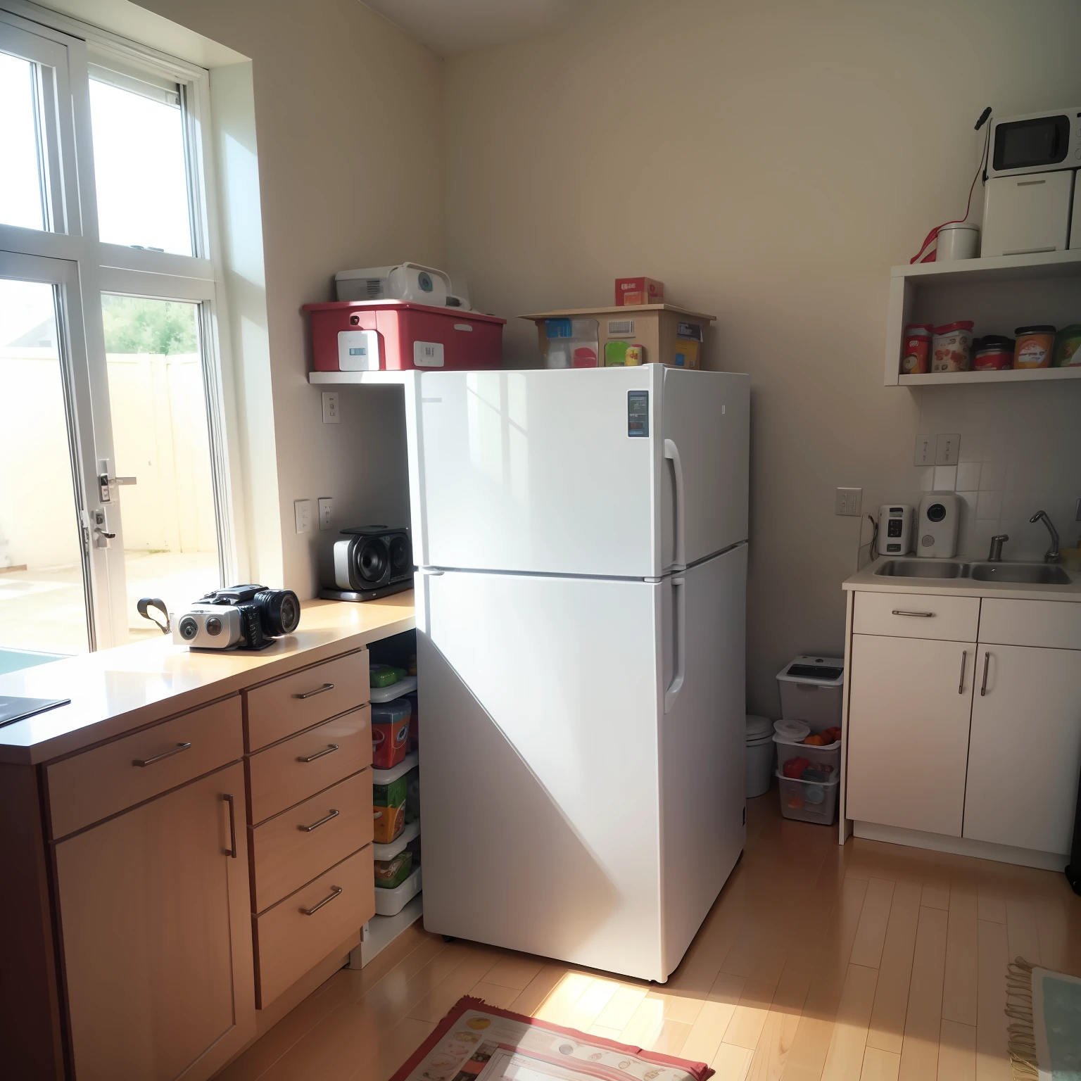 Food in the fridge in the living room,There is also a video camera