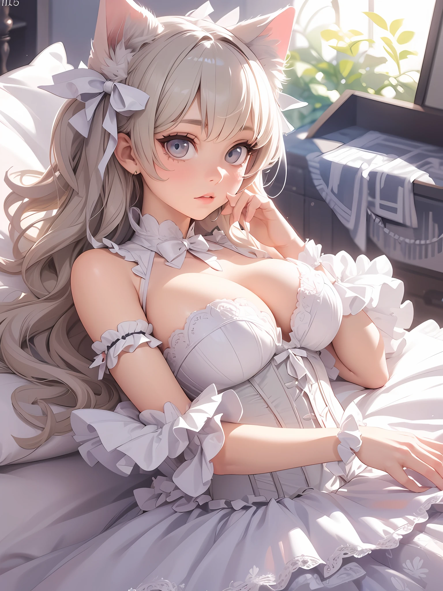 (Artwork of exceptional craftsmanship),(Detailed illustrations,(Very ideal anatomy),Very detailed and detailed drawing,Delicate lines with slow and rapid,(Realistic texture expression)),[Color tressed main line],[Strange bedroom background],[HENTAI ANIME] (JapaneseGirl (Beautiful shape)  student [Luxury Girl] (cat ear ((plump)) (large chest with drooping,[wide areola]))),(Full body lingerie (Pure white corset) (Ribbon Ruffled Lace Fabric [loliashion])),[Realistic and glossy skin expression ([High humidity] (Soft body)),([sitting] [[boredom]] gravure),Transparency, soft ambient light,(Perfectly proportioned),(Fine and beautiful skin expression [realistic skin detail]),[Design built to the highest level,[Advanced structural understanding of materials],Ideal color coordination],(Intricate and beautiful decoration [Dense detail]),(More on shiny hair),[Perfect hand details [Beautiful Finger]],(Beautiful perfect face [Realistic face details]),[Clear gaze],[long and beautiful eyelashes],[Perfect eye details (Eyes beautifully drawn down to the smallest detail)],(detaileds,high-detail),([Precision Detail],[multi-layer texture],HighQuality,hight resolution),[(Accurate simulation of light-material interactions),Understanding Airflow,Mechanically correct representation],[Visual art that conveys a sense of narrative] [Full body like],[[Desaturation]].