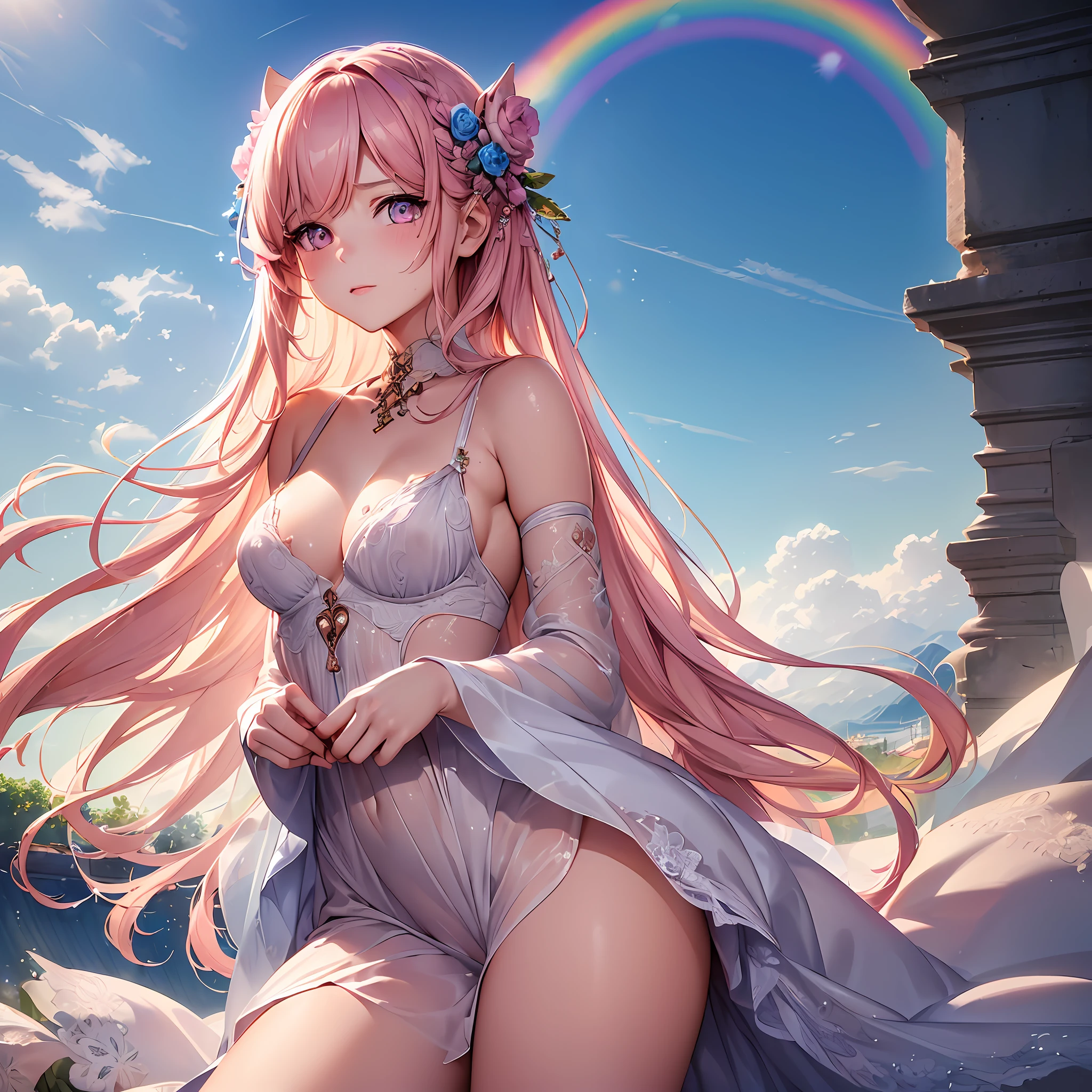 (((masterpiece))), (((best quality))), ((ultra-detailed)), (highly detailed CG illustration), ((an extremely delicate and beautiful)),(soft touch)
(1girl, solo:1.6),vivid contrast, (realistic), ultra-realistic illustrations, high-res, ultra-detailed, absurd,
(18 years old girl:1.3), beautiful,kawaii, the beautiful and delicate girl, 1 cute girl,((with cat ear and cat tail)), super fine illustrations, extremely detailed body, girl,woman,female, very long hair, wavy hair, messy floating, ((pink hair)), shiny hair, saintbeautiful detailed faces, ((pink eyes)), floating dress, high_heels, lace flowing and melt, pink Clothes,
(Wonderland, Fantasy,:1),(Rainbow,sweets Clouds:1),(yumekawa,yumekawaii,pastel color:1.3),(sweets:1.3),(land of sweets:1.4),(Sugar confectionery,round rainbow frame:1.2), blue sky, very delicate light, shiny
