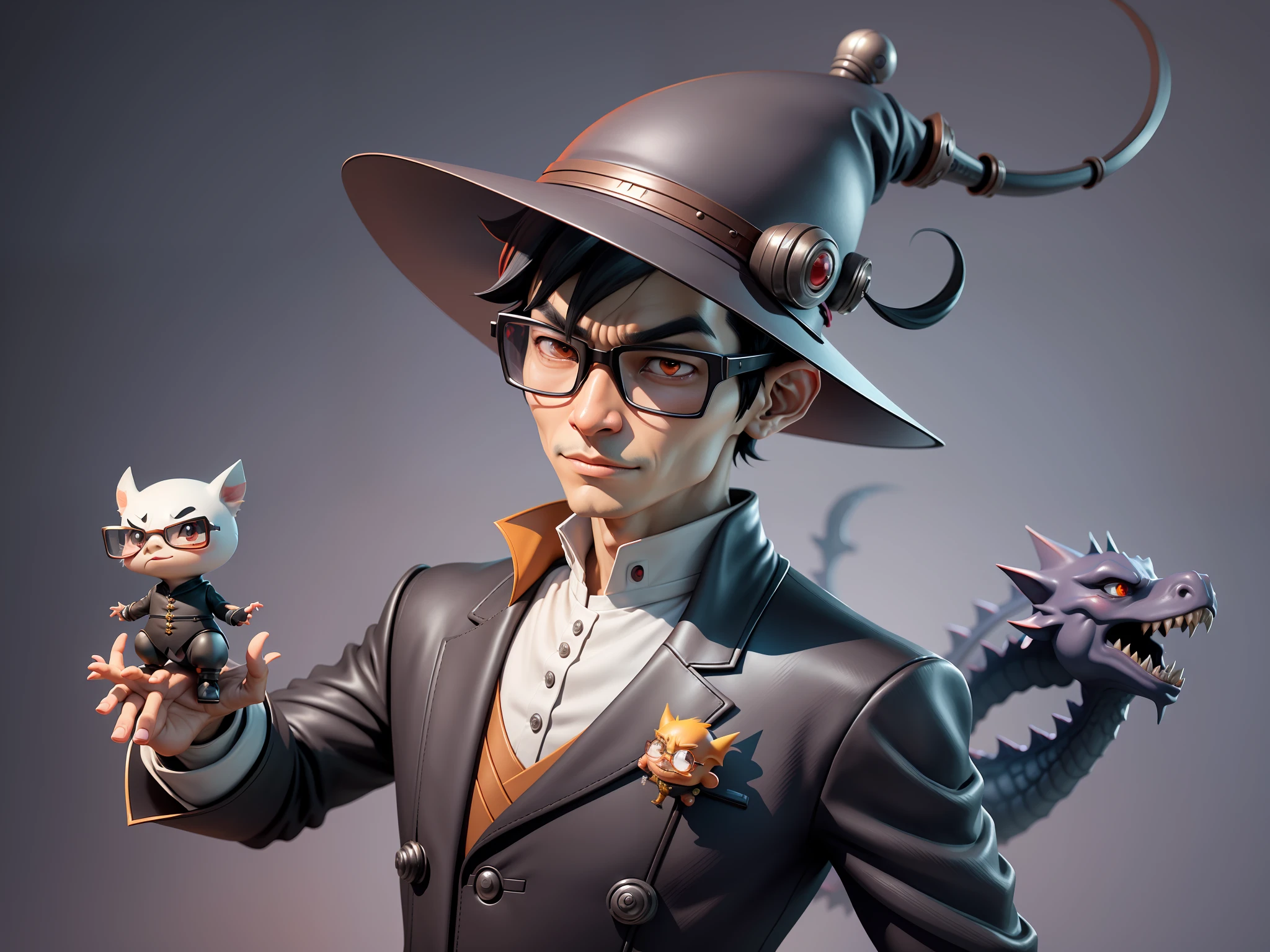 Young man with oriental face in leather hat, dragon, formal suit, short black hair, silver glasses, digital painting, 3D character design by Mark Clairedon and Pixar and Hayao Miyazaki and Akira Toriyama, the illustration is a high-definition illustration in 4K resolution with very detailed facial features and cartoon-style visuals.