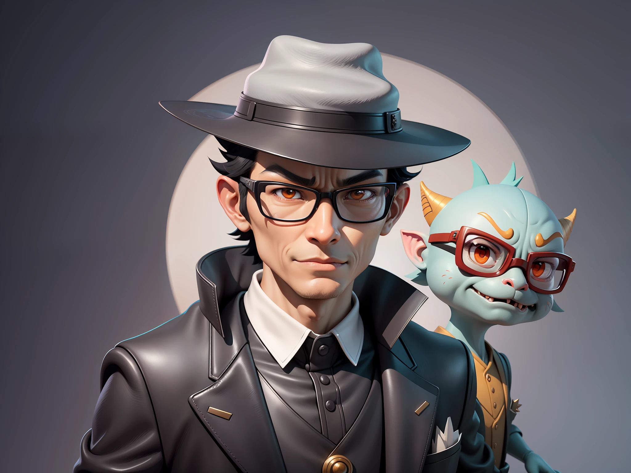 Young man with oriental face in leather hat, dragon, formal suit, short black hair, silver glasses, digital painting, 3D character design by Mark Clairedon and Pixar and Hayao Miyazaki and Akira Toriyama, the illustration is a high-definition illustration in 4K resolution with very detailed facial features and cartoon-style visuals.