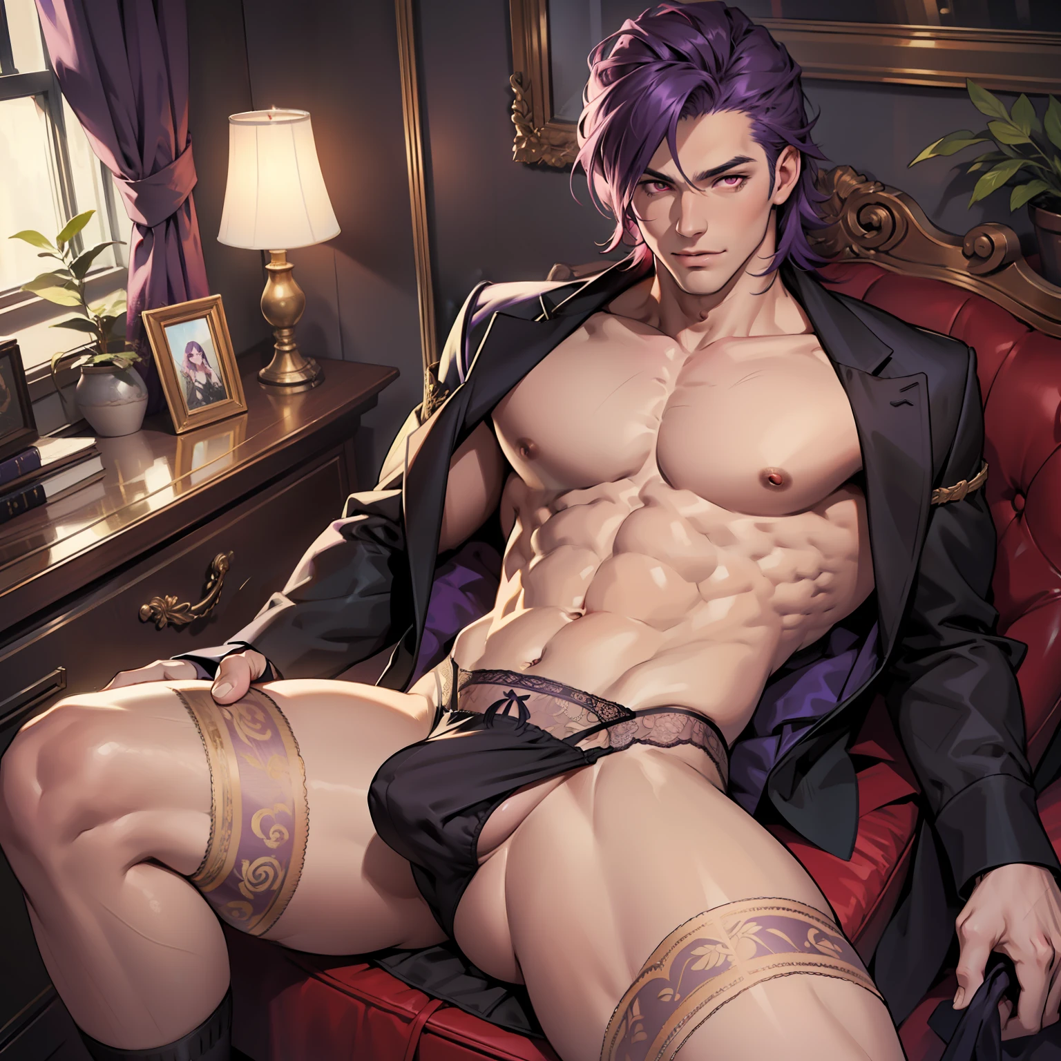 Handsome male wearing lingerie, bra with lace trimmings, panties with lace trimmimgs, male, bara, big bulge, red eyes, purple hair
