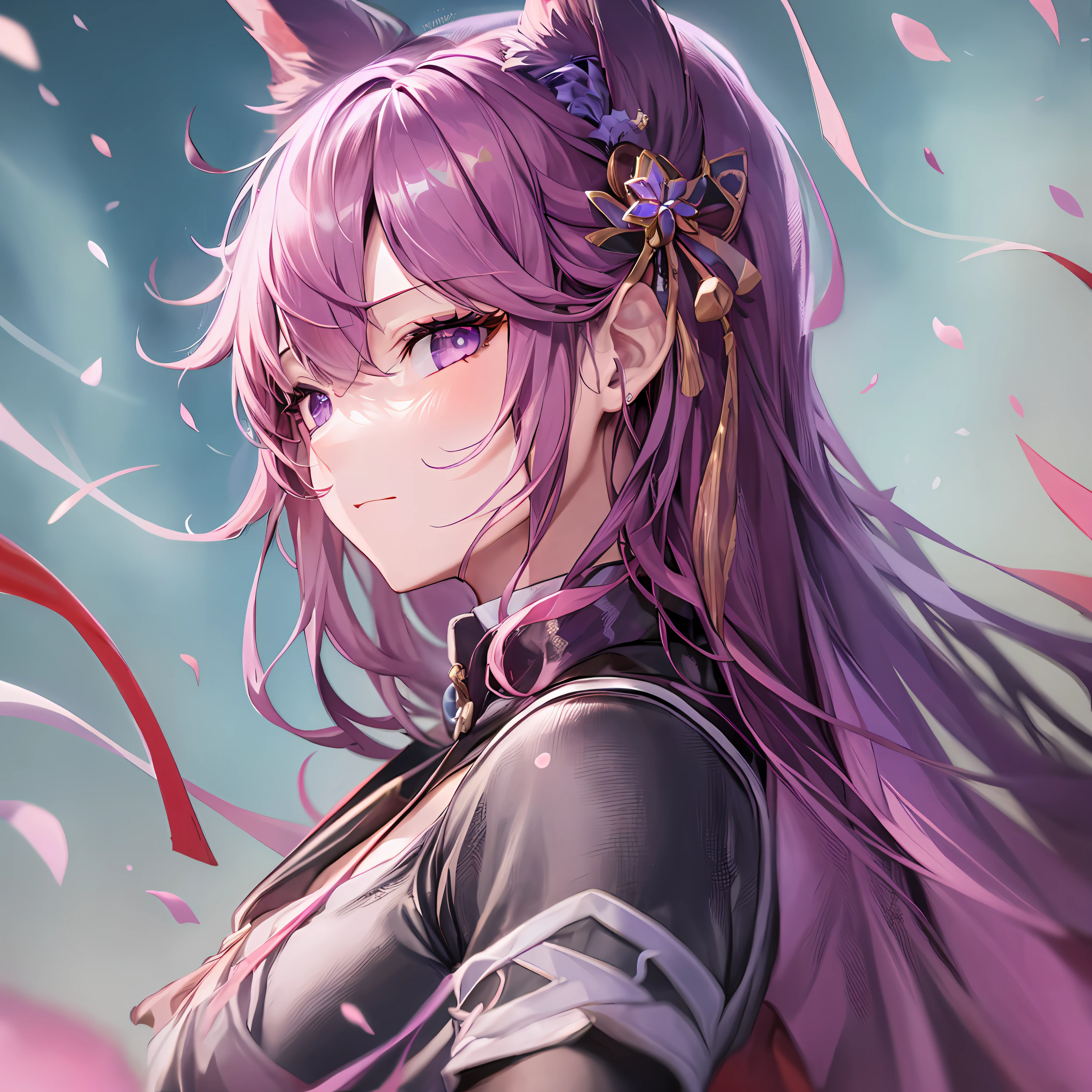 Mast, best quality, 1 girl, eula \ (Genshin Impact), pinkish hair, purple eyes, long hair, headband, hair accessories, looking at the audience, facing viewer, eula signature weapon claymore sword, fox ears bent