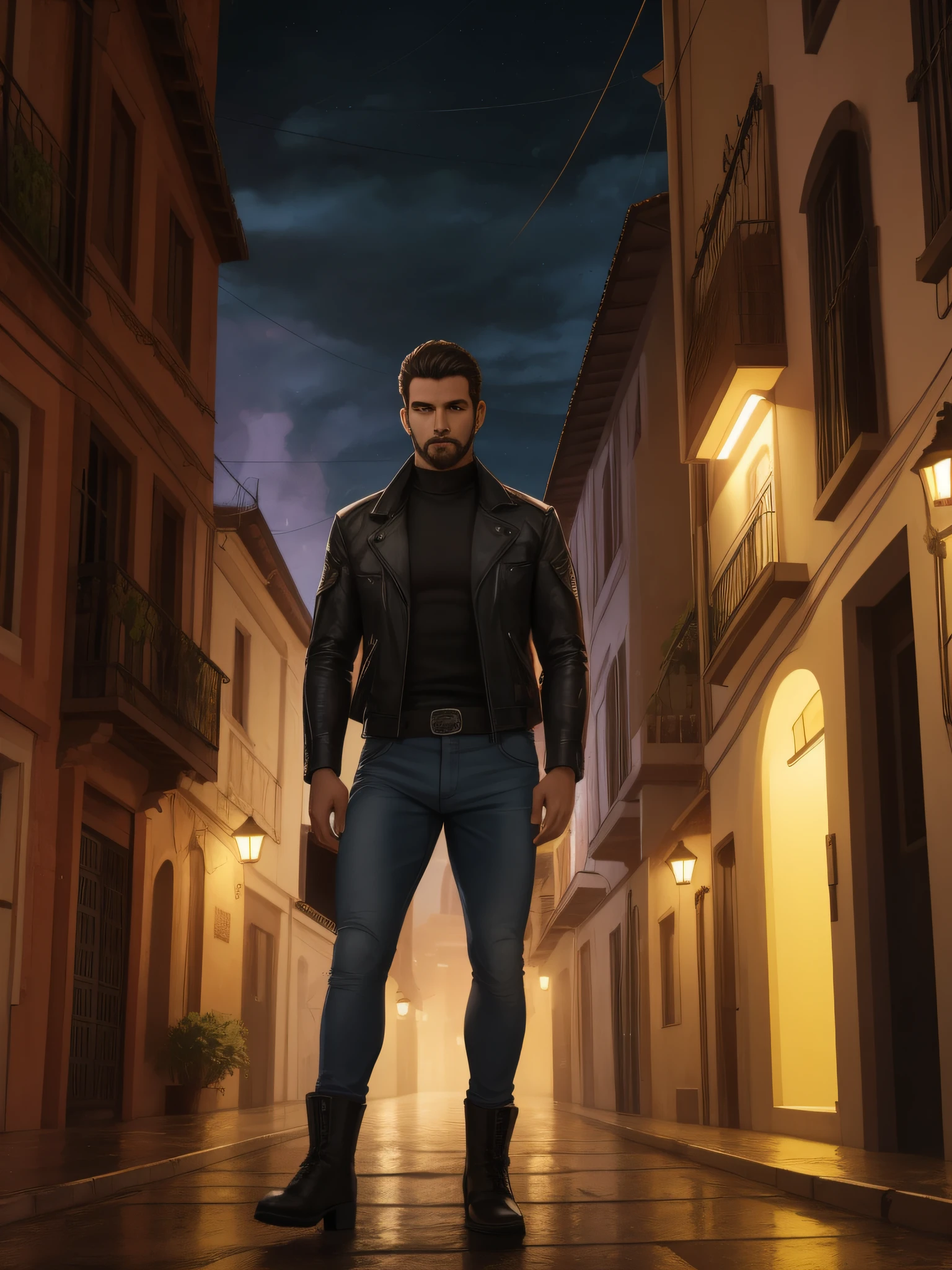 soldado, arte hiper-realista, Jaqueta jeans, camouflage pants, Urbano, Realistic, elegante, luvas de couro, hiper-realista, corpo inteiro, fotografia, dynamic lights, HDR, detalhes intrincados, hiperdetalhado, cinemactic, luz de aro, atmospheric hazard, preto, Noite, luz vermelha, Rua Escura, motor unreal chuva 5, 8k, A imagem deve ser no formato retrato 3:4 and have a resolution of 1080 x 1350 pixels.