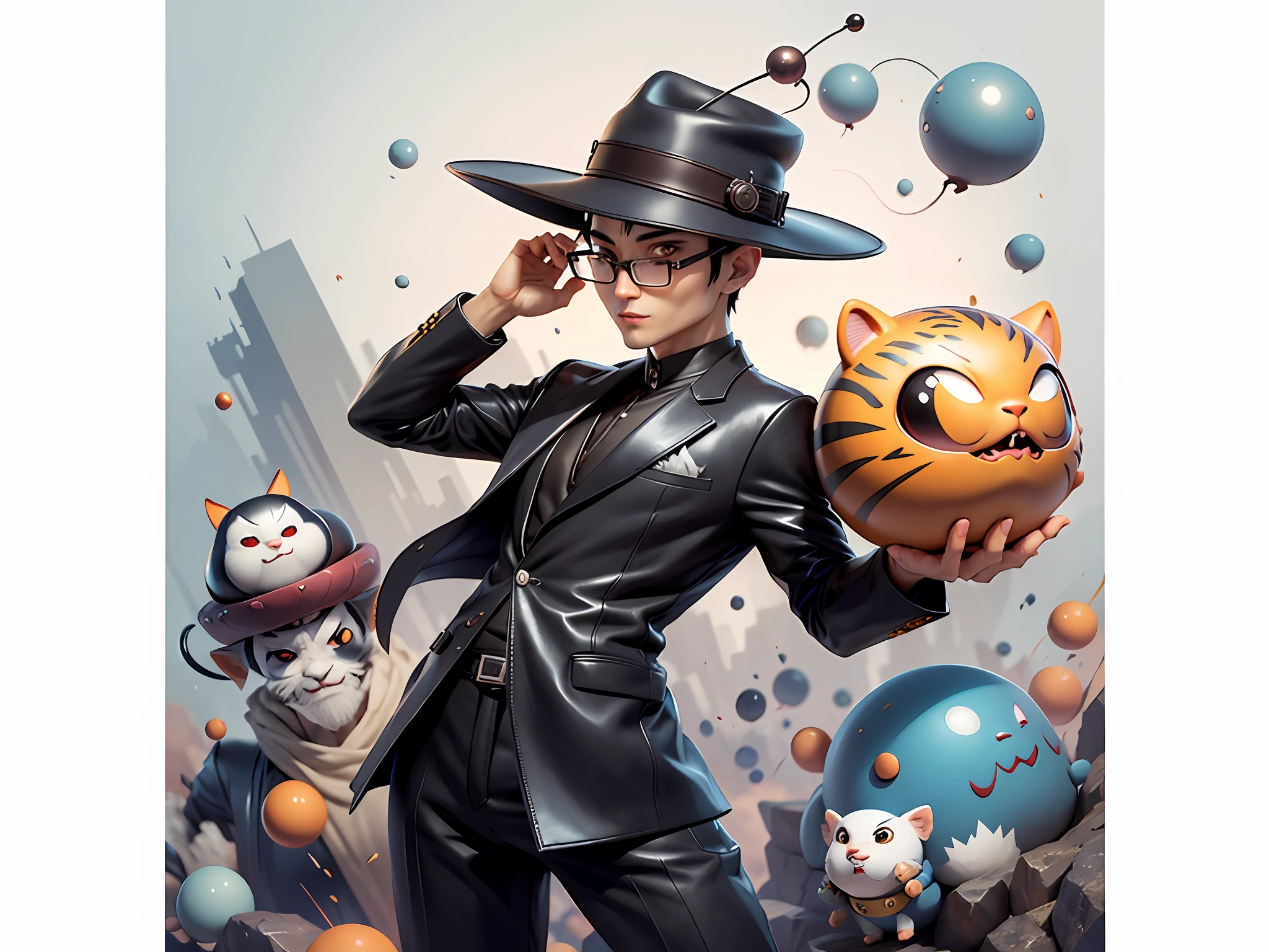 Young man with oriental face in leather hat, tiger, oriental face in formal suit, short black hair, silver glasses, digital painting, 3D character design by Mark Clairedon and Pixar and Hayao Miyazaki and Akira Toriyama, the illustration is a high-definition illustration in 4K resolution with very detailed facial features and cartoon-style visuals.