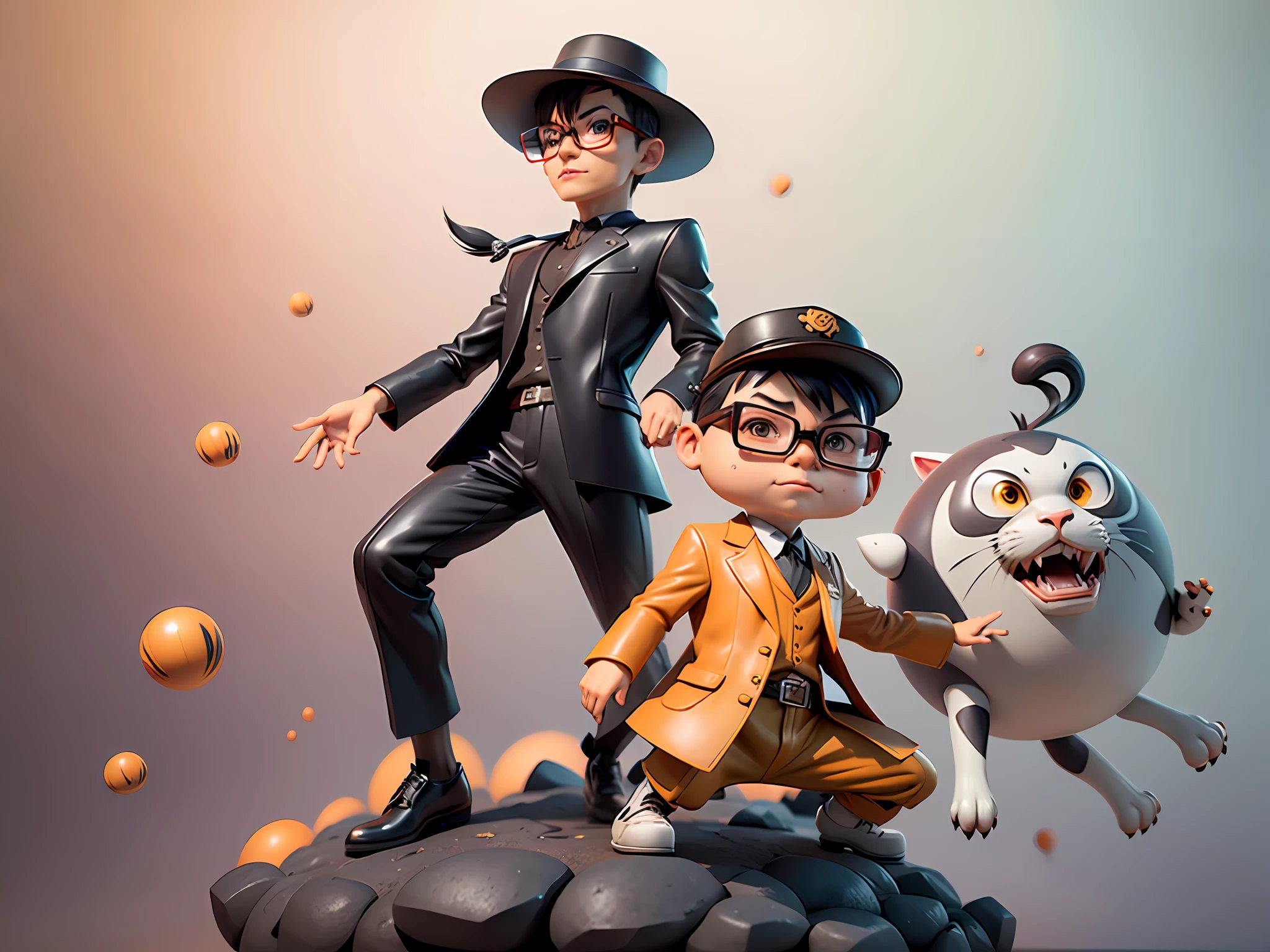 Young man with oriental face in leather hat, tiger, oriental face in formal suit, short black hair, silver glasses, digital painting, 3D character design by Mark Clairedon and Pixar and Hayao Miyazaki and Akira Toriyama, the illustration is a high-definition illustration in 4K resolution with very detailed facial features and cartoon-style visuals.