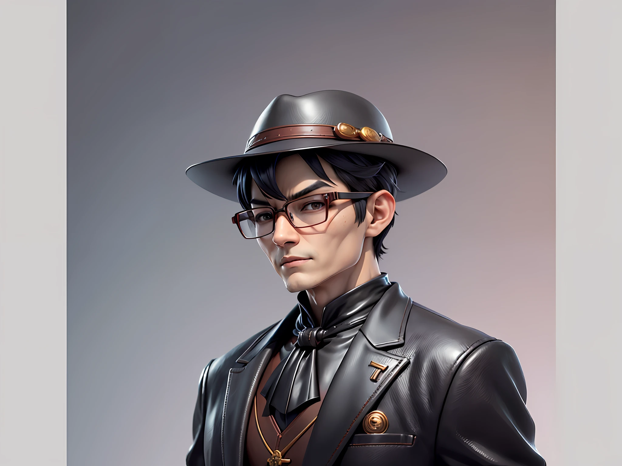 Young man with oriental face in leather hat, dragon, formal suit, short black hair, silver glasses, digital painting, 3D character design by Mark Clairedon and Pixar and Hayao Miyazaki and Akira Toriyama, the illustration is a high-definition illustration in 4K resolution with very detailed facial features and cartoon-style visuals.