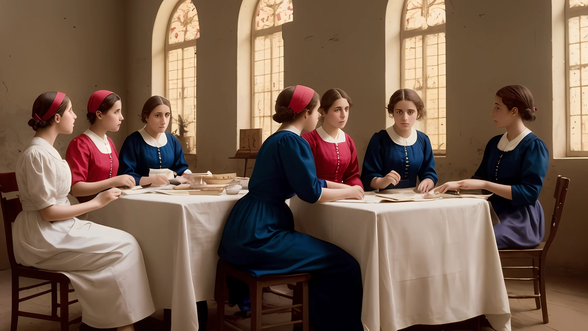 A group of young girls are sitting around a table, ouvindo a professora delas. Photo in Italy from 1889, colors of that time, foto realista