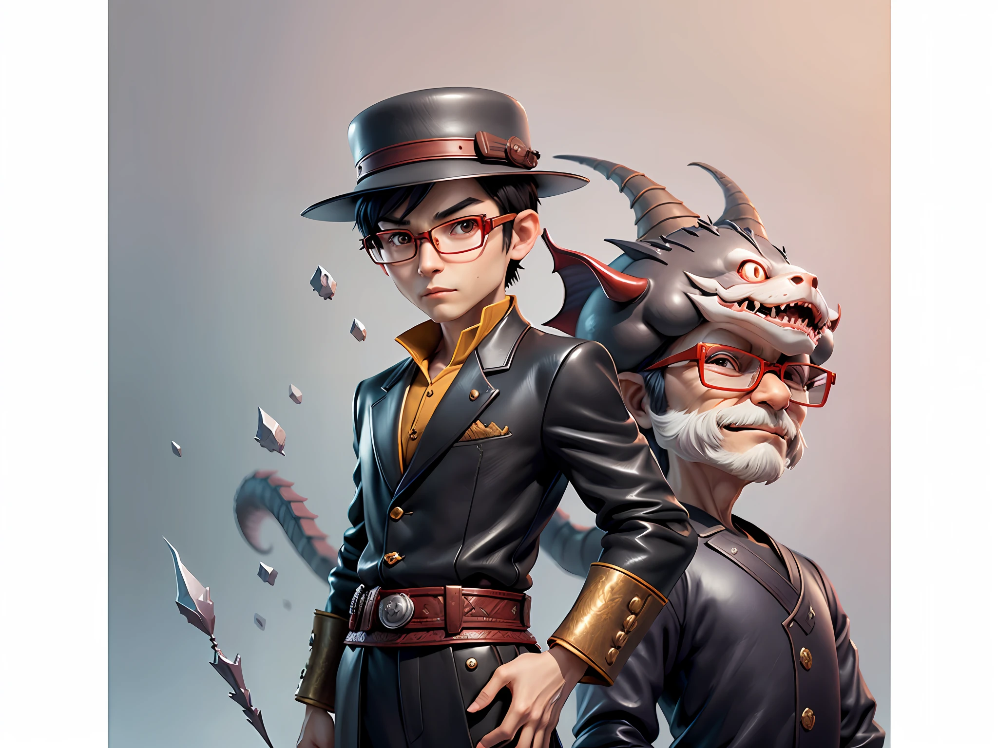 Young man with oriental face in leather hat, dragon, formal suit, short black hair, silver glasses, digital painting, 3D character design by Mark Clairedon and Pixar and Hayao Miyazaki and Akira Toriyama, the illustration is a high-definition illustration in 4K resolution with very detailed facial features and cartoon-style visuals.