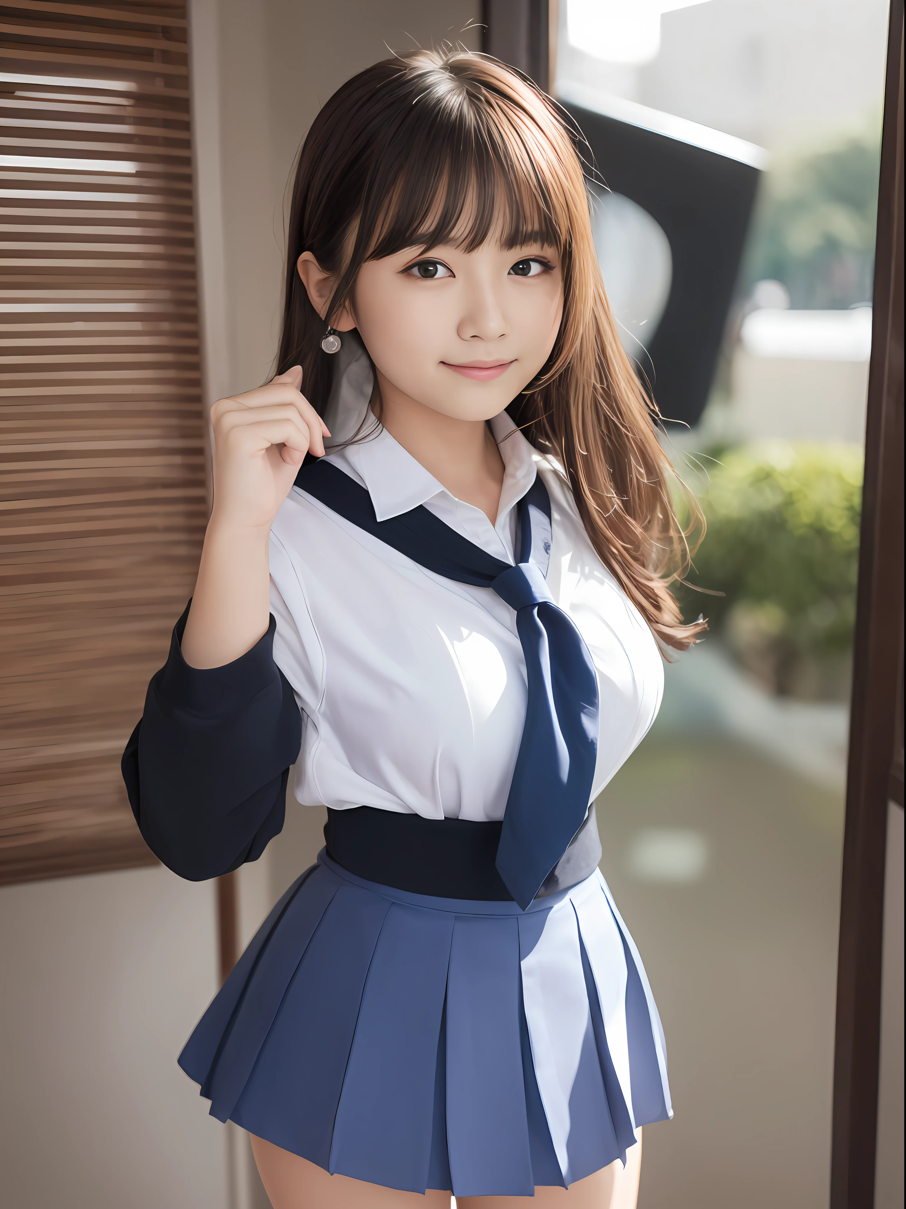 8K, top-quality, Real Image, intricate detailes, The ultra-detailliert, 超A high resolution, Depth Field,(Photorealsitic,realisitic:1.2),masterpiece, 0.25 :: a closeup , straight-on shot , from miiddle ,
1girl in, AI_chan, an extremely beautiful -yeld gi Innocent big eyes, (brown_Short_hair), (Green_Eyes:1.0),(bangss),dishevled hair,(hair clips), perfect glossy skin, flawless skin, fair white skin, huge-breasted, cleavage of the breast, narrow waists, thin blush, 独奏, looking at the viewers, Light smile,
chubby under the clothes、perspiring、
Wear((School_uniform)、(white_Skirt)、(Blue_long_tie)、(Blue_pleats_Skirt)、(Black_pantyhose):1.2)、
(Gravure Pose:1.1)、
sunset
High School in Japan ,Flipping up the skirt with your hands、Show white panties、Pull up your skirt and show your panties、Colossal tits、Functional、Show white panties、Flip the skirt、Skirt twisting、Happy smile