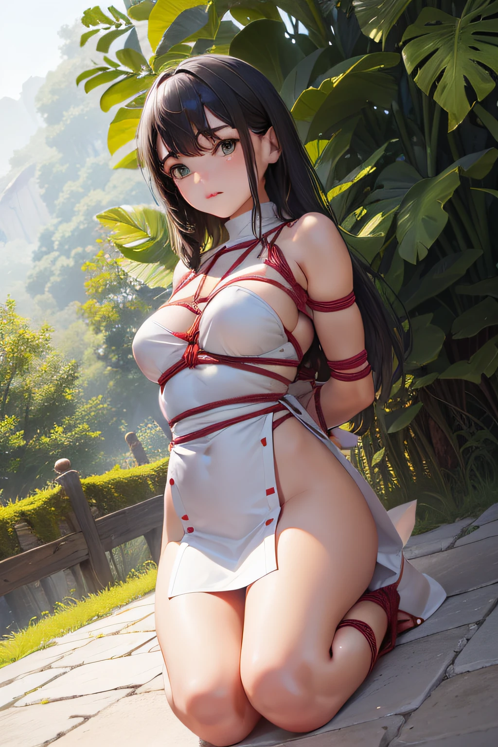 (Shibari, arms behind back:1.4), (PocahontasWaifu:1), Excitado, bonito, pose fofa, olhando para o espectador, coxas grossas, (tribal, vestido:1), (realista: 1.2), (realismo), (obra-prima: 1.2), (melhor qualidade), (ultra detalhado), (8k, 4k, intrincado), (full-body-shot: 1), (Cowboy-shot: 1.2), (85mm), (altamente detalhado: 1.2), (paisagem detalhada de ladscape, selva, vegetation: 1.2), (fundo detalhado), paisagem detalhada, (dinamic angle: 1.2), (dinamic pose: 1.2), (regra de third_composition:1.3), (action line: 1.2), tiro largo, luz do dia, solo,