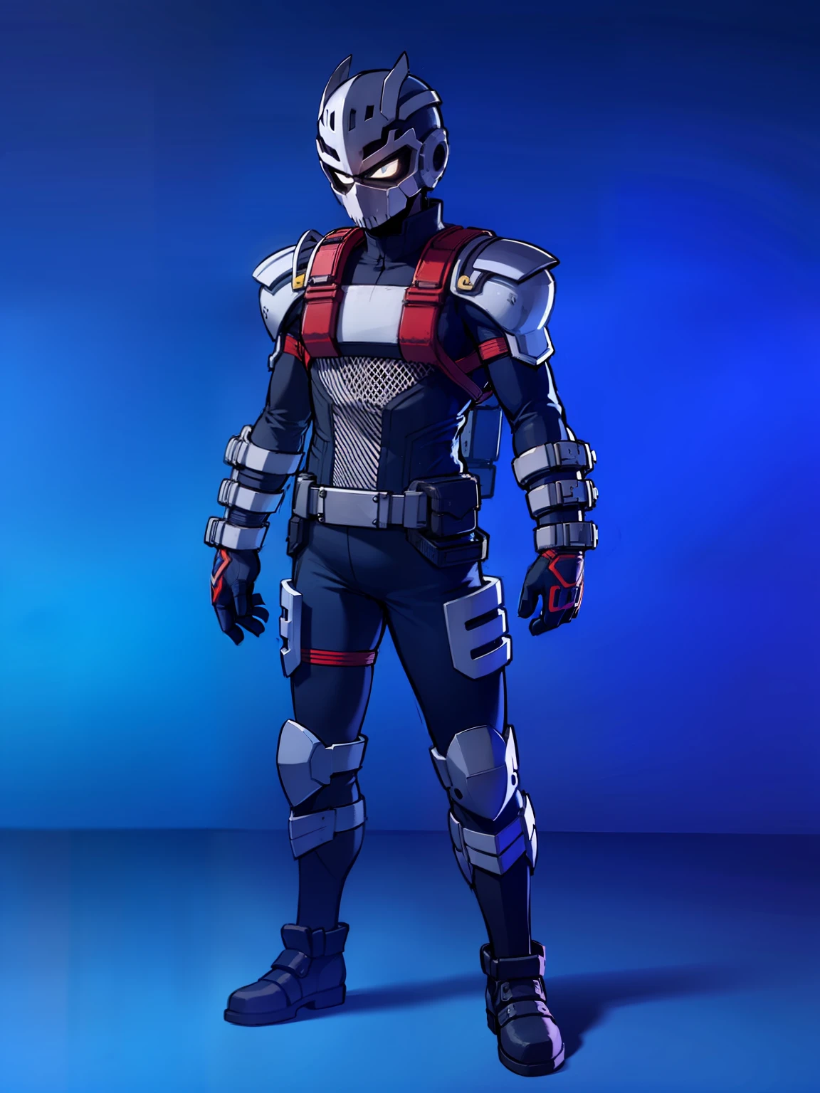 My Hero Academia style, anime boy, male, young male, hero costume, full body suit, head cover, helmet, face cover, mask, skull helmet,