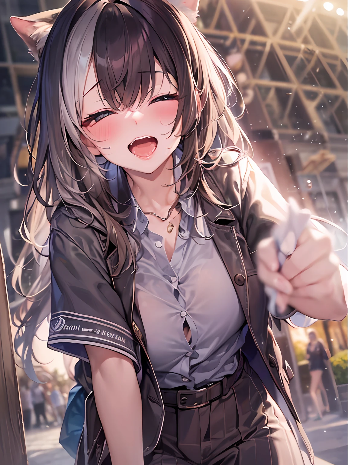 top-quality、​masterpiece、超A high resolution、(Photorealsitic:1.4)、One girl yawning in the park、Panting face、A dark-haired、Functional、Bewitching、Dramatic Lighting、full body Esbian、maikurobikini、huge-breasted、Getting from behind、a park、Pubic hair shows through、all-fours、blushed face、Functional、Nasty