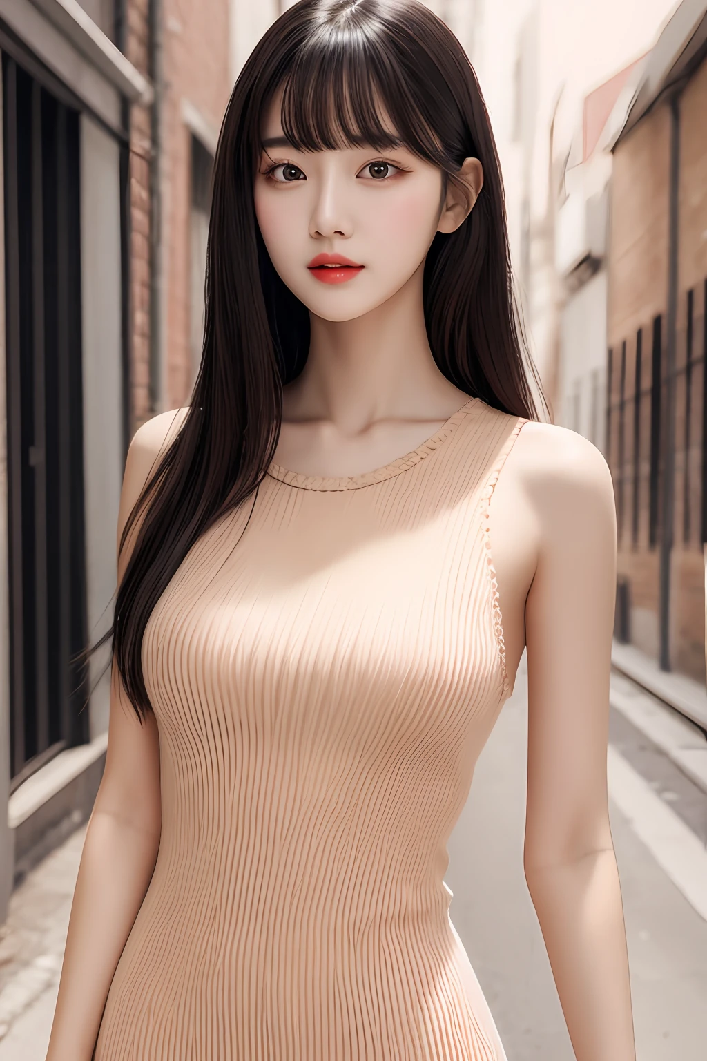 best quality, ultra-detailed, masterpiece, finely detail, highres, 8k wallpaper, Realistic details, clothing details, skin details, photoshop \(medium\),Slim body,1girl, 22 years old, beautiful eyes, real skin, fine face, bangs, long hair, black hair,  blunt bangs, medium breasts, alley, (ulzzang-6500-v1.1:0.5), pencil_dress,