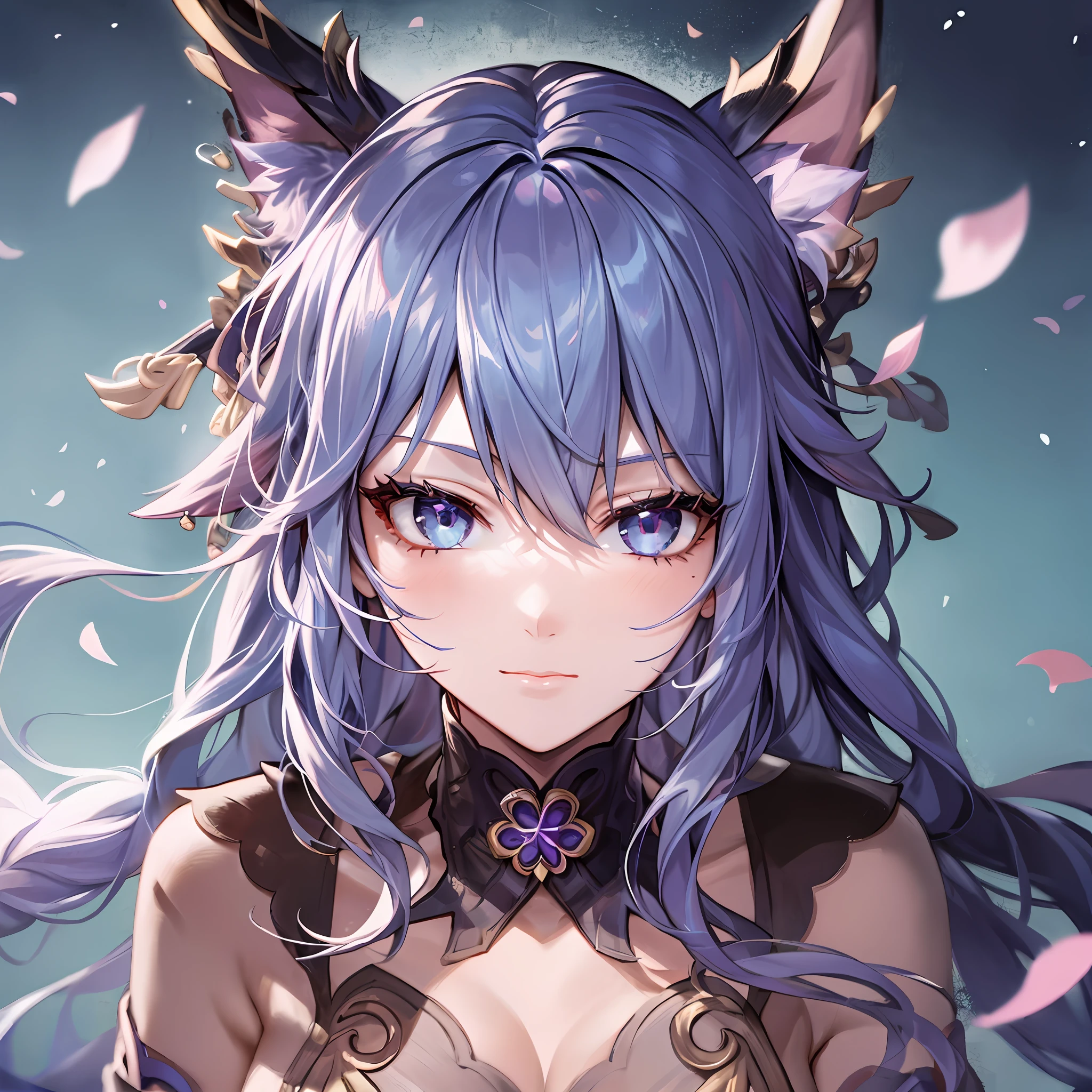 Mast, best quality, 1 girl, eula \ (Genshin Impact), gray hair, aqua eyes, long hair, headband, hair accessories, looking at the audience, facing viewer, eula signature weapon claymore sword, fox ears bent