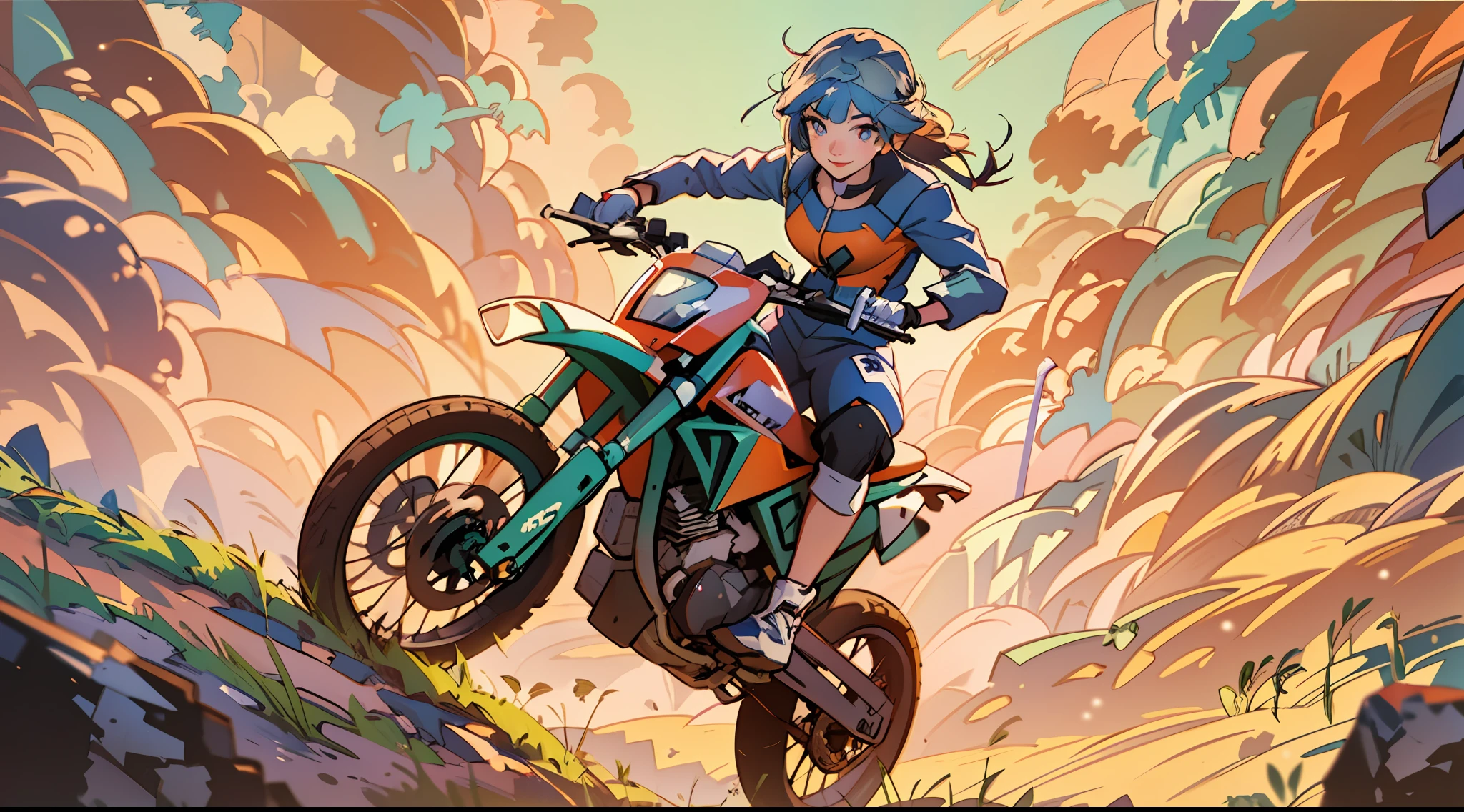 A woman rides a motocross which is in the middle of a jump between 2 cliffs and she is enjoying the fact she is doing a well-done job, she is using a motocross suit, she is not using a helmet, highly detailed face, smile, particles of dirty and grass around, daylight, sun rays, atmospheric light, high definition, masterpiece, intricate details, 8K, radical, volumetric illumination, dynamic composition, highly detailed, colorful, 2d anime style, moe style