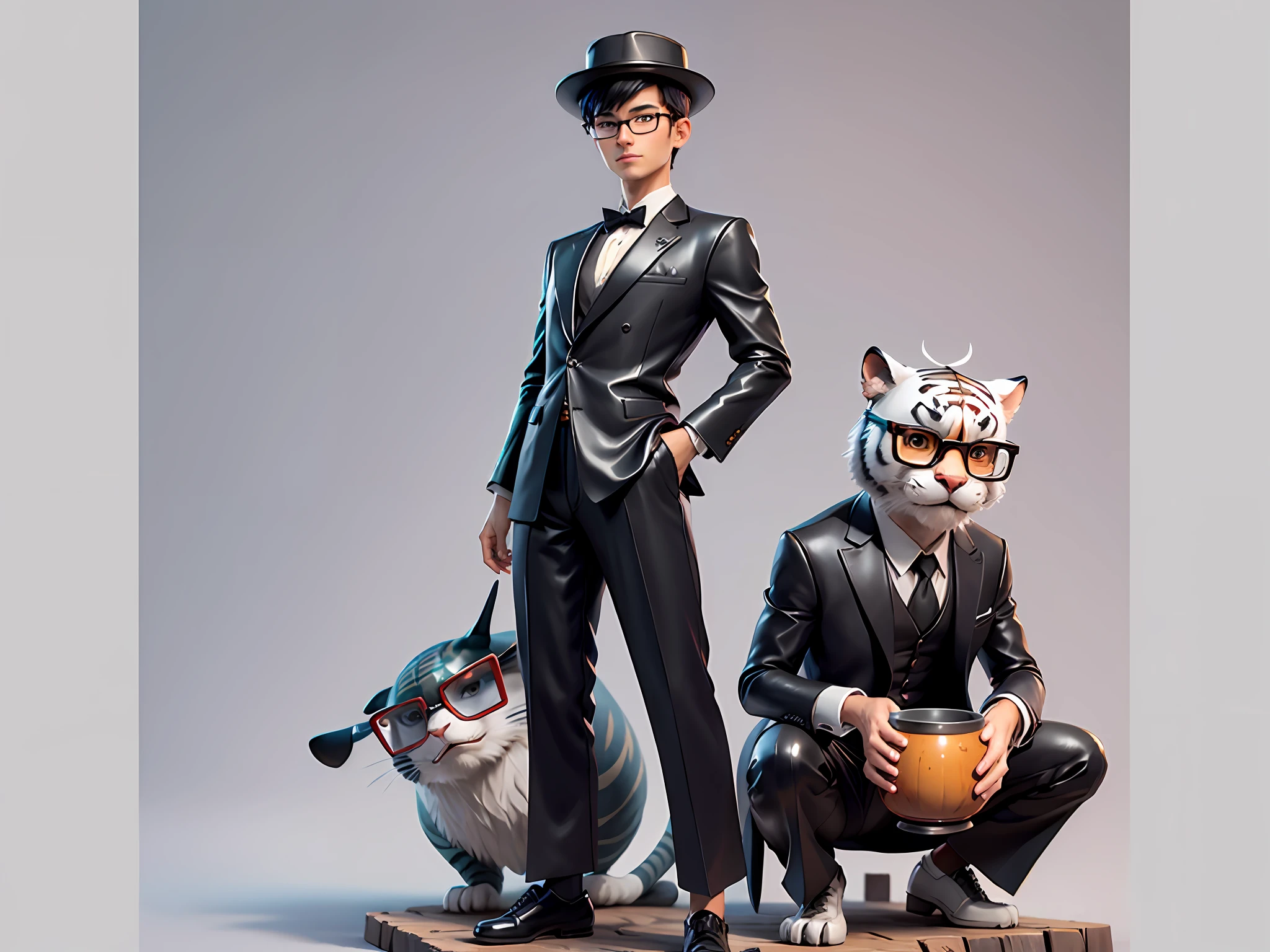 Young man with oriental face in leather hat, tiger, oriental face in formal suit, short black hair, silver glasses, digital painting, 3D character design by Mark Clairedon and Pixar and Hayao Miyazaki and Akira Toriyama, the illustration is a high-definition illustration in 4K resolution with very detailed facial features and cartoon-style visuals.