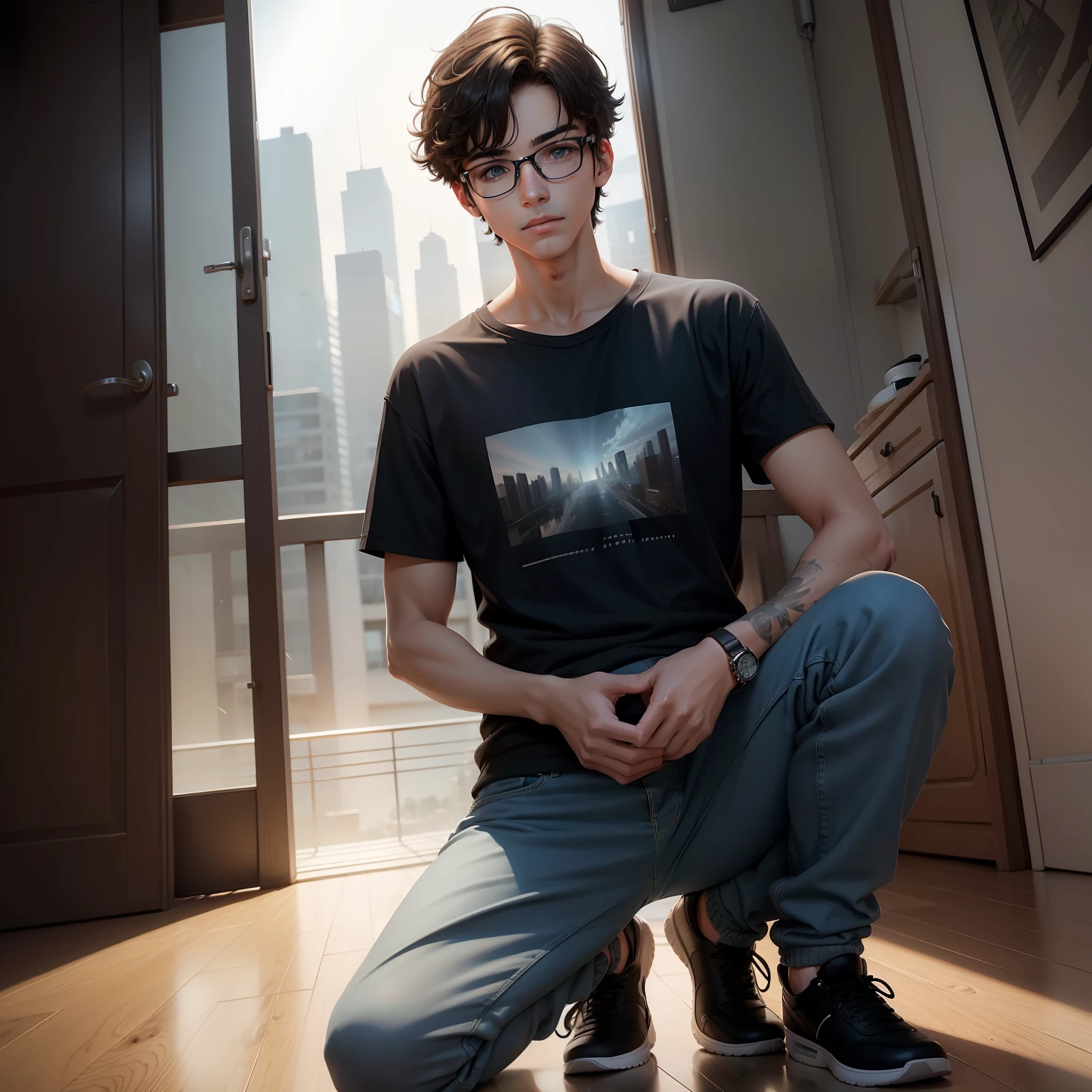A ager male, brunette color hair, wears glasses, The shirt, trouser, Dark early morning, In the camera, on one knee,propose,eyes reflection, in a panoramic view, Ray traching, reflective light, , cinmatic lighting, , tmasterpiece, best qualtiy, high detal, A high resolution, ccurate, textureskin, high qulity, hyper HD, k hd