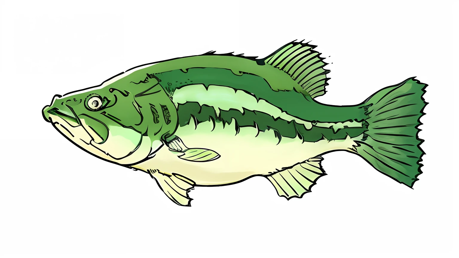a close up of a fish with a green body and a white belly, big bass fishing, hd illustration, large mouth, illustration of an angler fish, clean cel shaded, sharp foccus ilustration, fish in the background, cel shad, high detail illustration, full color illustration, bass, cel shaded vector art, highres, small mouth, cel shaded