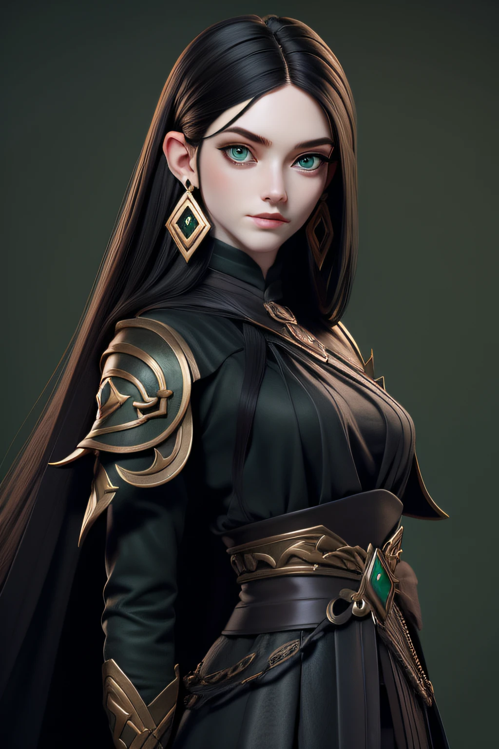 masterpiece, best quality, 1 girl, green eyes, pale skin, dark black hair, straight hair, long hair, earrings, jewelry, viking, dark clothes, simple background, solo, upper body