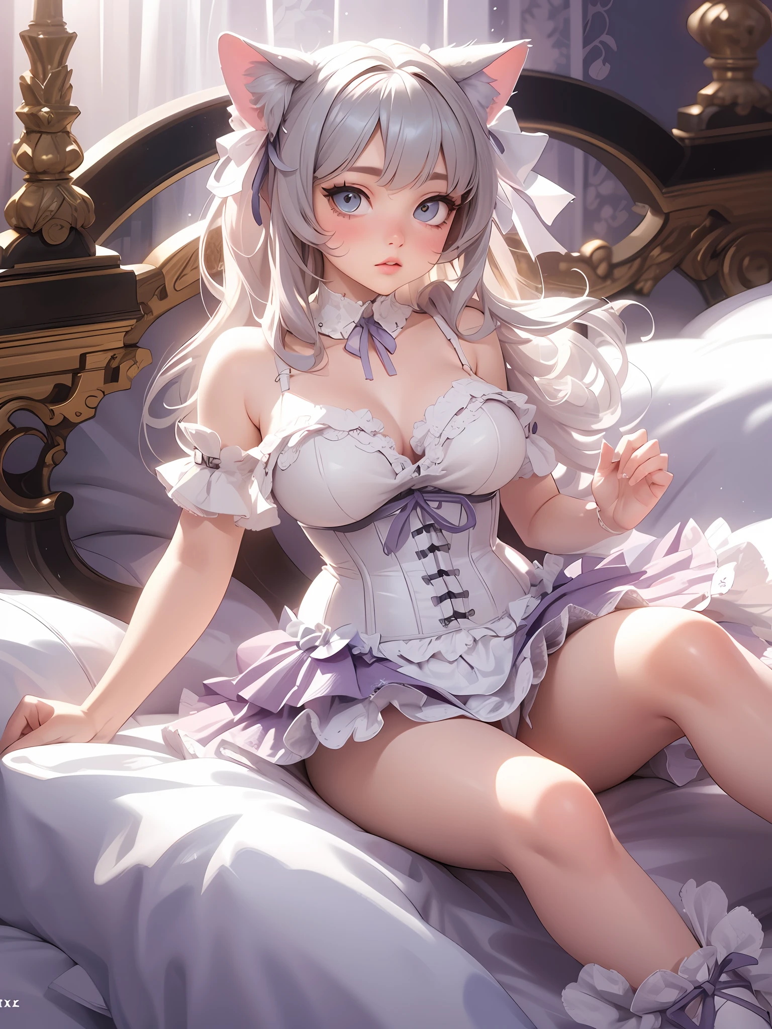 (Artwork of exceptional craftsmanship),(Detailed illustrations,(Very ideal anatomy),Very detailed and detailed drawing,Delicate lines with slow and rapid,(Realistic texture expression)),[Color tressed main line],[Strange bedroom background],[HENTAI ANIME] (JapaneseGirl (Beautiful shape)  student [Luxury Girl] (cat ear ((plump)) (large chest with drooping,[wide areola]))),(Full body lingerie (Pure white corset) (Ribbon Ruffled Lace Fabric [lolita fashion])),[Realistic and glossy skin expression ([High humidity] (Soft body)),([sitting] [[boredom]] gravure),Transparency, soft ambient light,(Perfectly proportioned),(Fine and beautiful skin expression [realistic skin detail]),[Design built to the highest level,[Advanced structural understanding of materials],Ideal color coordination],(Intricate and beautiful decoration [Dense detail]),(More on shiny hair),[Perfect hand details [Beautiful Finger]],(Beautiful perfect face [Realistic face details]),[Clear gaze],[long and beautiful eyelashes],[Perfect eye details (Eyes beautifully drawn down to the smallest detail)],(detaileds,high-detail),([Precision Detail],[multi-layer texture],HighQuality,hight resolution),[(Accurate simulation of light-material interactions),Understanding Airflow,Mechanically correct representation],[Visual art that conveys a sense of narrative] [Full body like],[[Desaturation]].