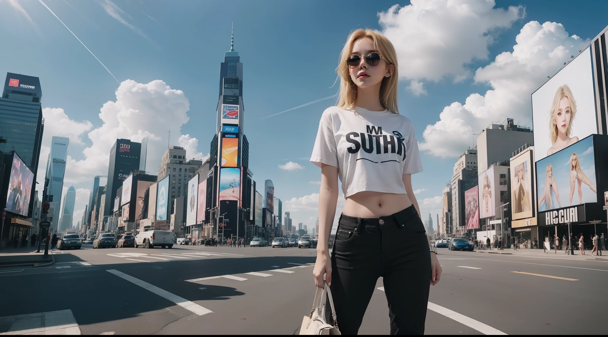 time square,Young beautiful girl,blonde medium hair,dishiveredhair,Fair skin,Exposes the southern hemisphere,Black short sleeves,Casual pants,Open navel,with blue sky and white clouds,8K,Highest image quality