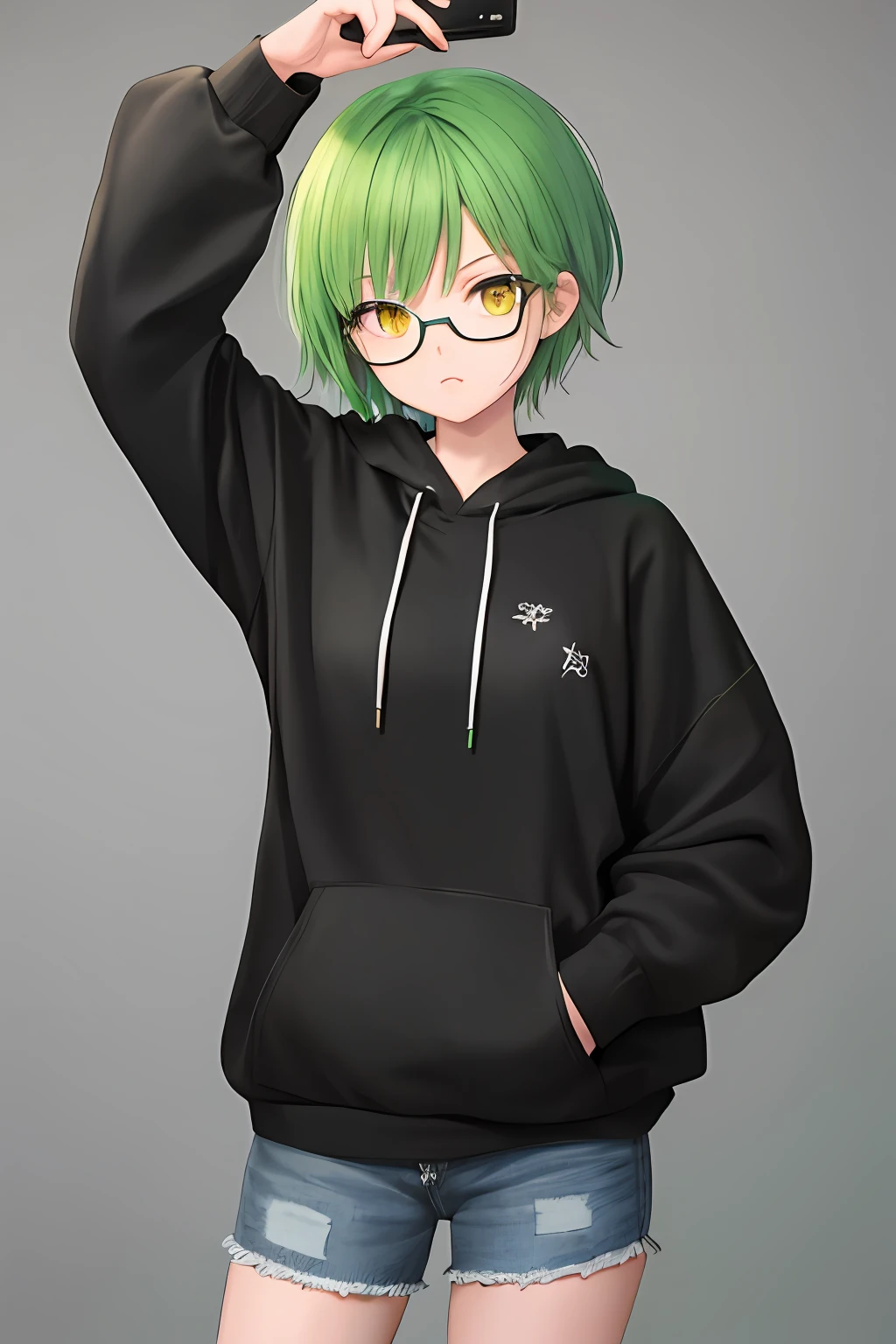 1girl, bright green hair, short hair, wearing green care black line hoodie, denim jeans , yellow eyes, masterpiece, best illustration, best manga, cute, eyeglass, bring hand phone