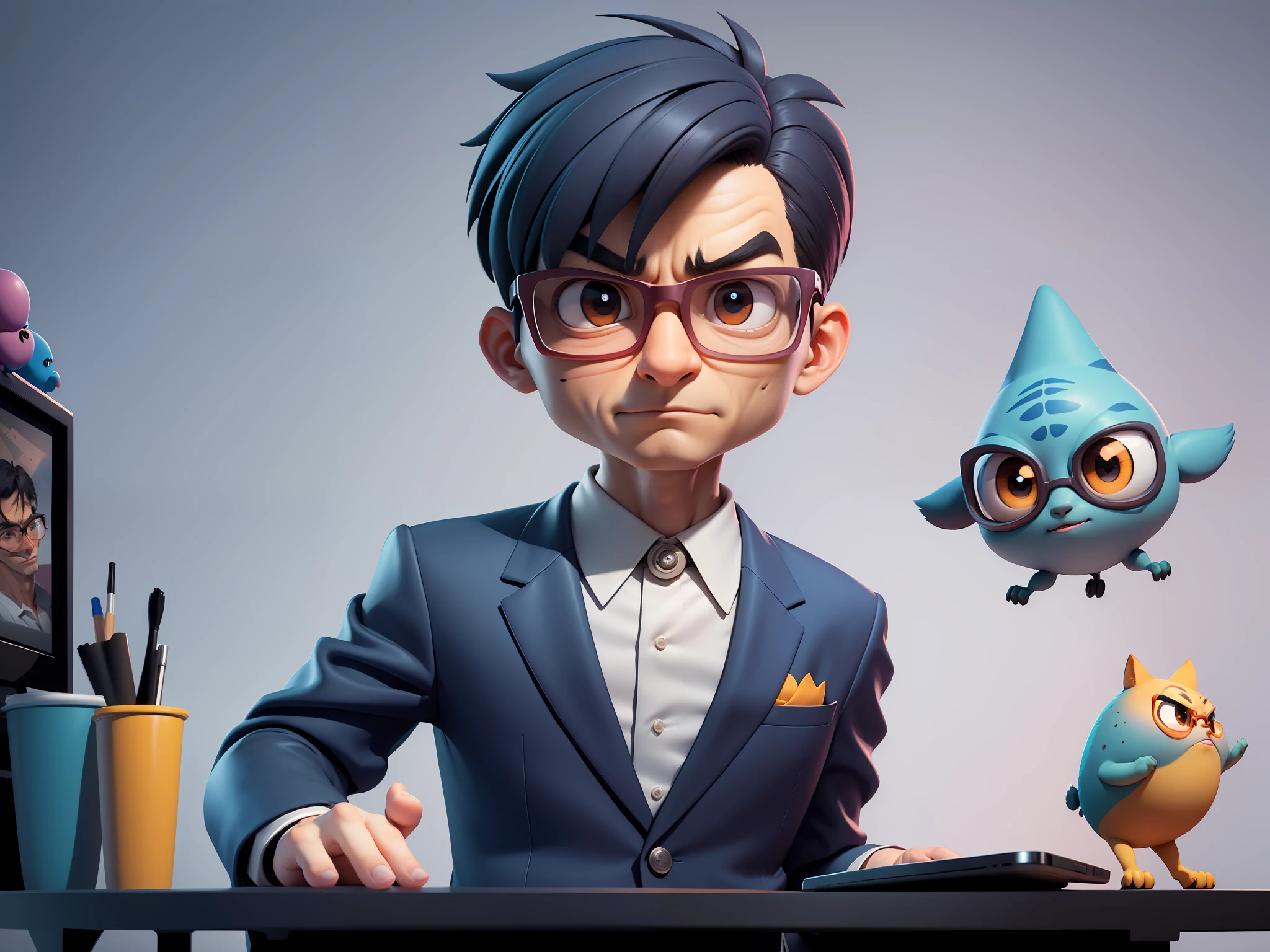 A young man in a suit, Short hair and glasses sat at his desk,holding laptop,digitial painting,tigre,3D character design by Mark Clairen and Pixar and Hayao Miyazaki and Akira Toriyama,4K HD illustration,Very detailed facial features and cartoon-style visuals。