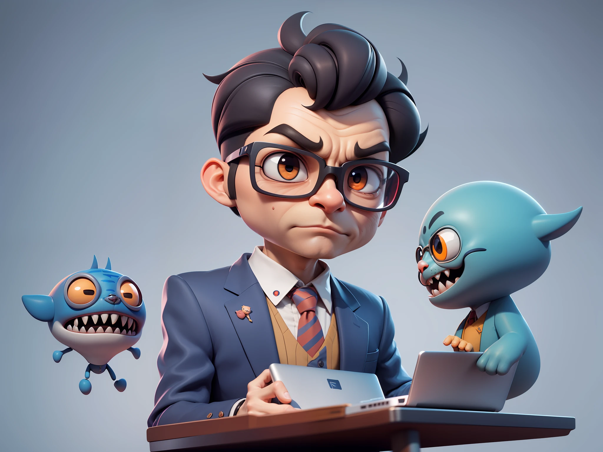 A young man in a suit, Short hair and glasses sat at his desk,holding laptop,digitial painting,tigre,3D character design by Mark Clairen and Pixar and Hayao Miyazaki and Akira Toriyama,4K HD illustration,Very detailed facial features and cartoon-style visuals。