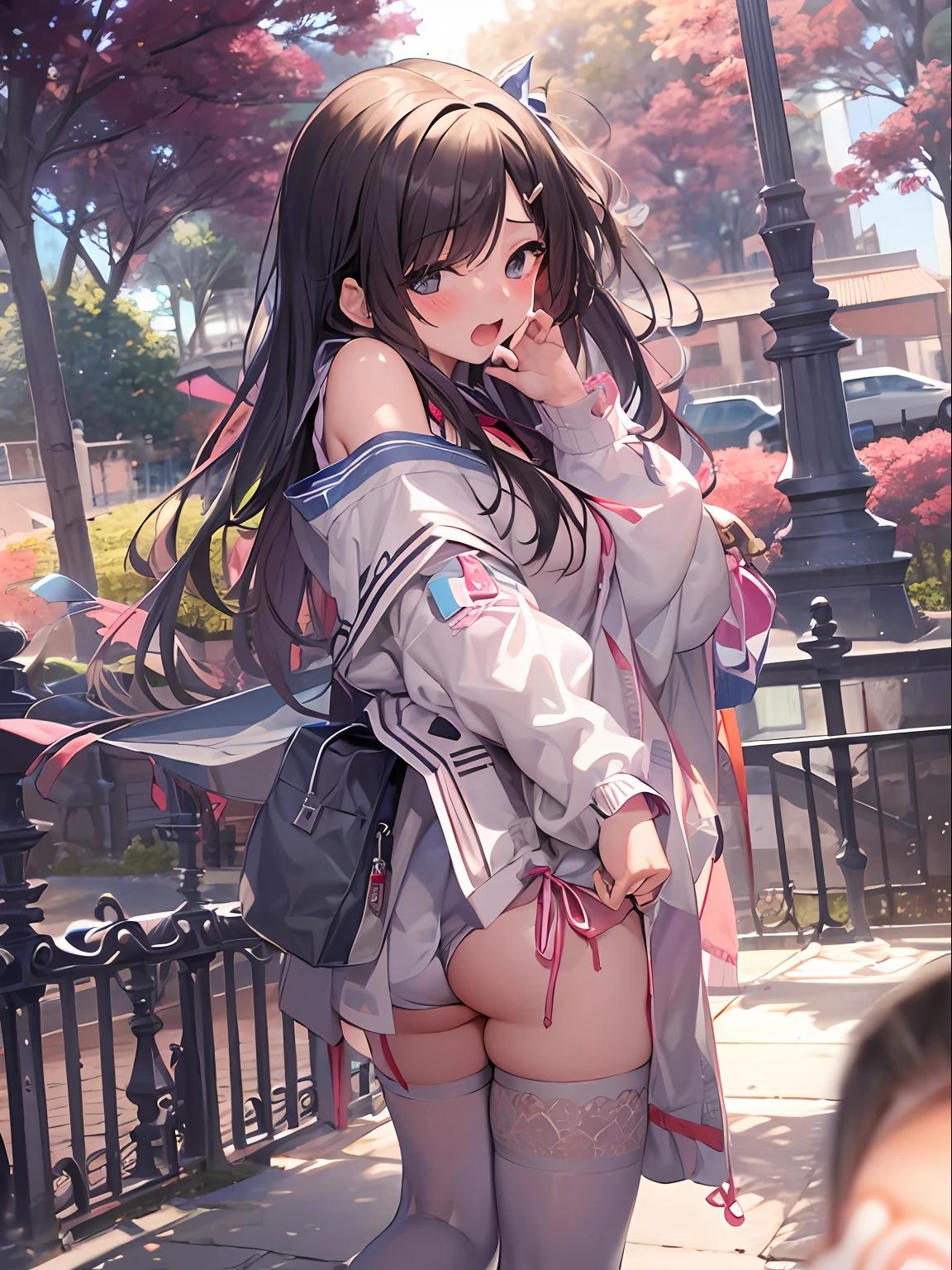 top-quality、masterpiece、超A high resolution、(Photorealsitic:1.4)、One girl yawning in the park、Panting face、A dark-haired、Functional、Bewitching、Dramatic Lighting、full body Esbian、maikurobikini、huge-breasted、Getting from behind、a park、Pubic hair shows through、all-fours、blushed face、Functional、Nasty