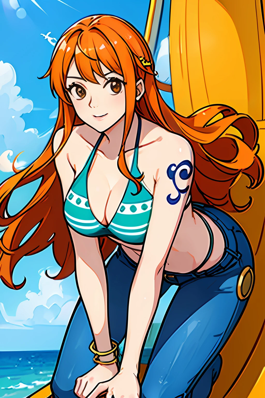 (((​masterpiece+top-quality+hight resolution+ultra-detailliert)))、One girl with climatact、Nami、long silky orange hair、lofty nose、(([femele]:1.2 + [a beauty]:1.2 +Orange long hair:1.2))、pirate ship background、blue open sky、​​clouds、Gold Bracelet、Green and white bikini halter top、tight low-rider jeans、Tattoos on the shoulder、Bright eye