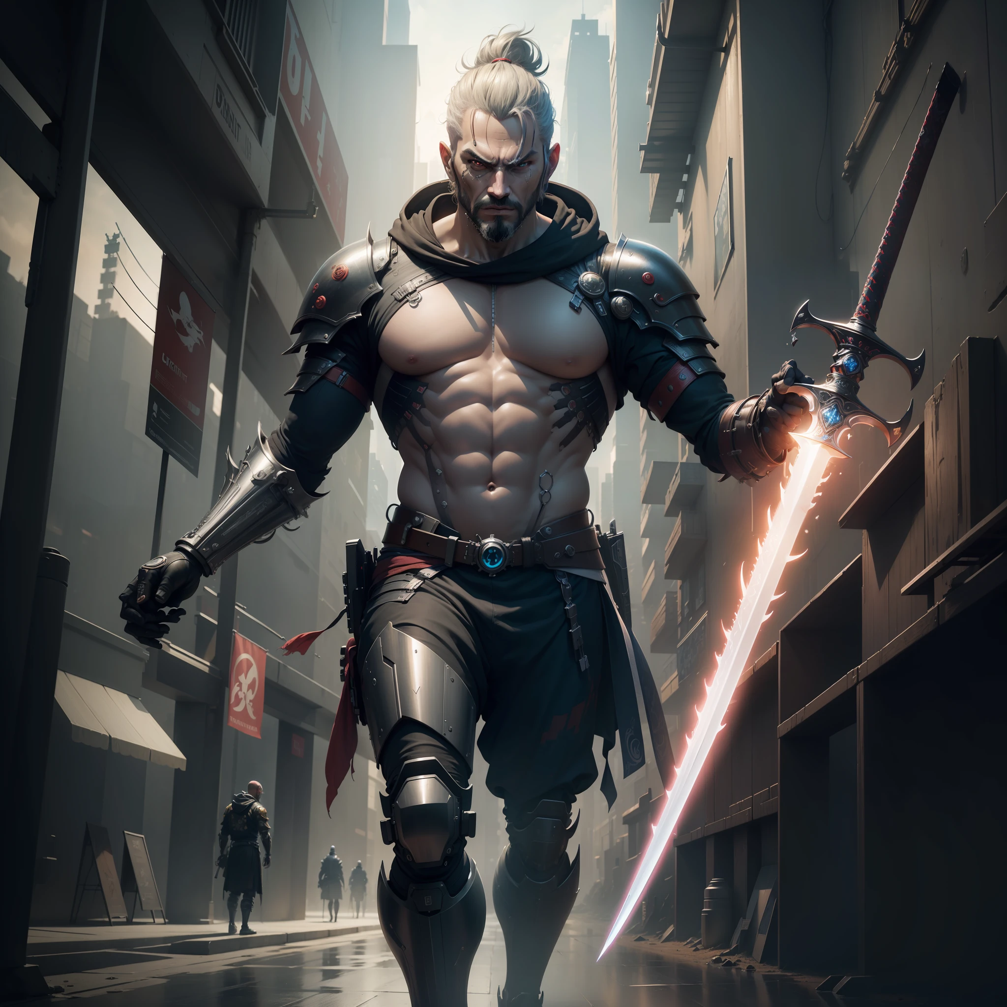 "(masterpiece, best quality, ultra-detailed CG unity 8k wallpaper) | surreal | cyberpunk | giant humanoid | samurai | half-cyborg | futuristic sword"