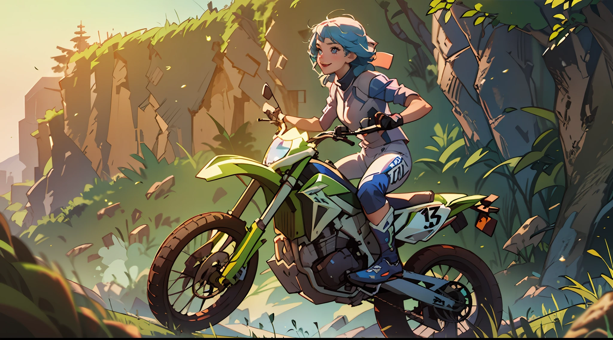 A woman rides a motocross which is in the middle of a jump between 2 cliffs and she is enjoying the fact she is doing a well-done job, she is using a motocross suit, she is not using a helmet, highly detailed face, smile, particles of dirty and grass around, daylight, sun rays, atmospheric light, high definition, masterpiece, intricate details, 8K, radical, volumetric illumination, dynamic composition, highly detailed, colorful, 2d anime style, moe style