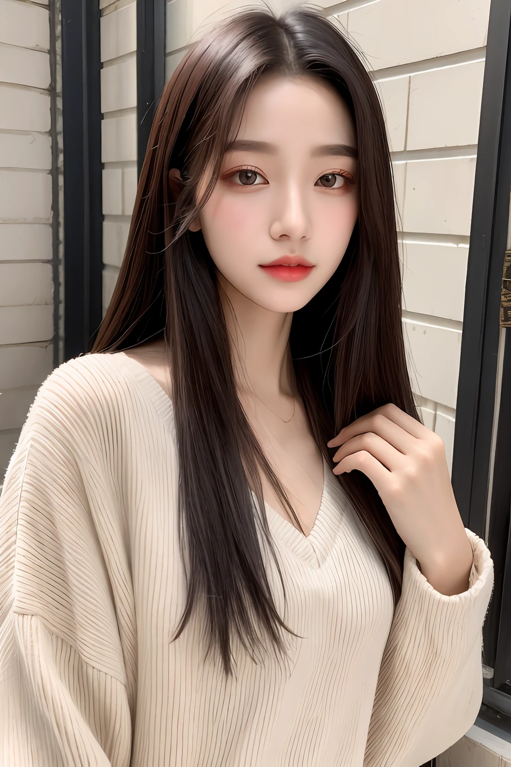top-quality、ultra-detailliert、masterpiece、finely detail、hight resolution、8k wallpaper、realistic detail、clothes details、Skin details、photoshopped\(midiam\)、Slim body、1girl in、22year old、beautidful eyes、authentic skin、finerly detailed face、bangss、length hair、A dark-haired、bluntbangs、medium chest、alleyway、(ulzzang-6500-v1.1:0.5)、