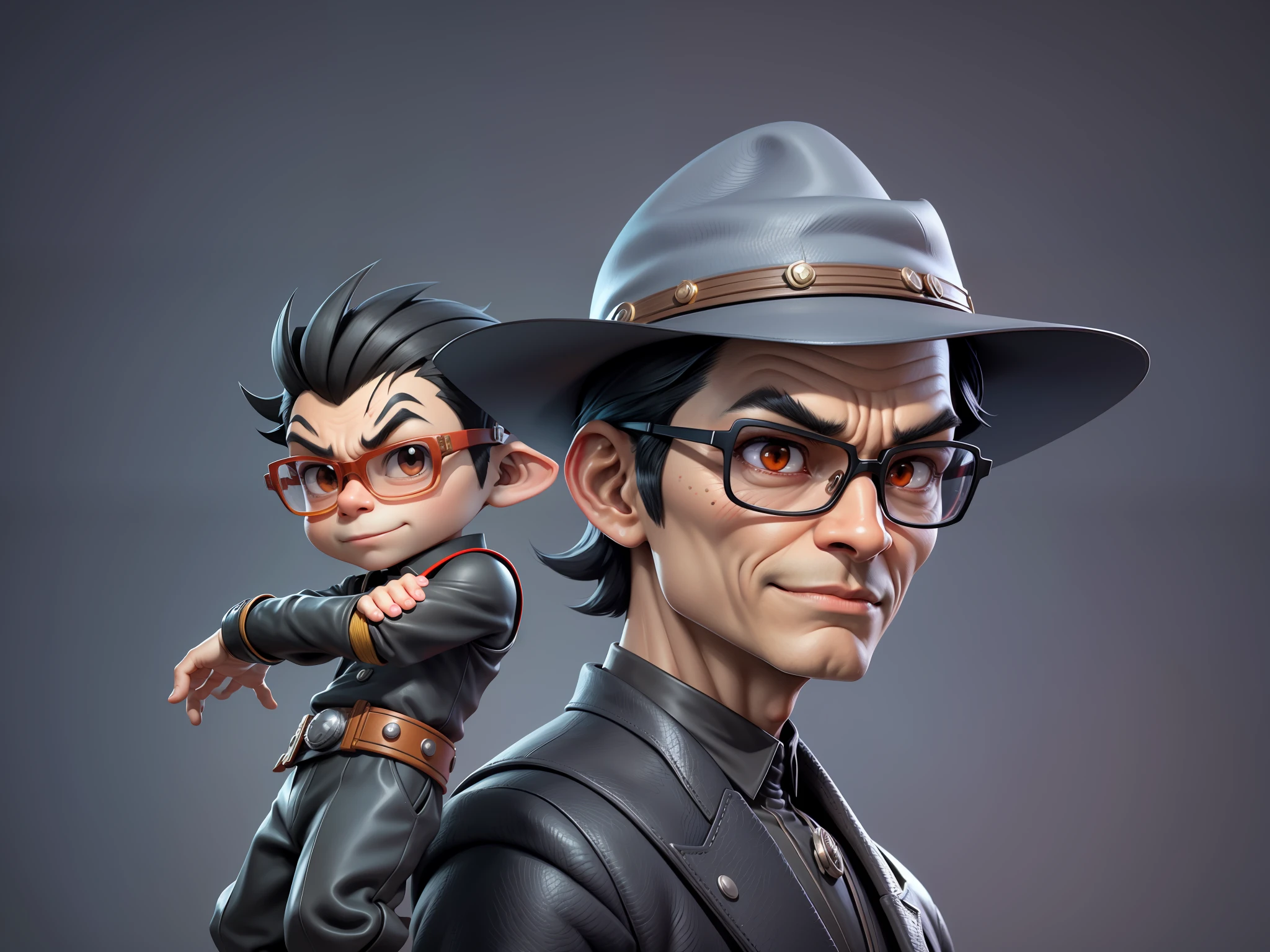 Young man with oriental face in leather hat, dragon, formal suit, short black hair, silver glasses, digital painting, 3D character design by Mark Clairedon and Pixar and Hayao Miyazaki and Akira Toriyama, the illustration is a high-definition illustration in 4K resolution with very detailed facial features and cartoon-style visuals.