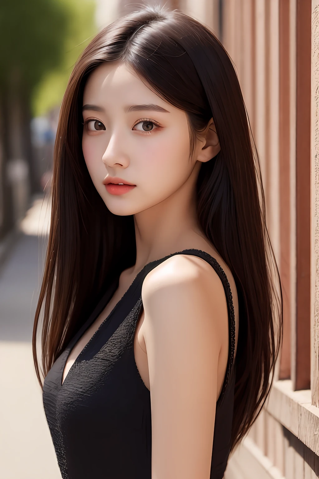 top-quality、ultra-detailliert、​masterpiece、finely detail、hight resolution、8k wallpaper、realistic detail、clothes details、Skin details、photoshopped\(midiam\)、Slim body、1girl in、22year old、beautidful eyes、authentic skin、finerly detailed face、bangss、length hair、A dark-haired、bluntbangs、medium chest、alleyway、(ulzzang-6500-v1.1:0.5)、pencil_dress、no-makeup